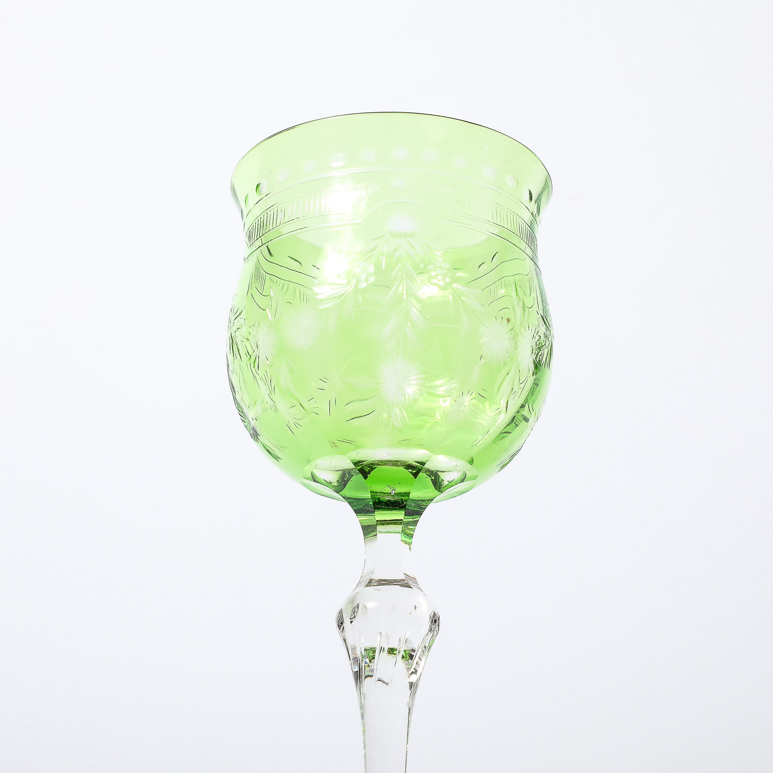 Set of Eight Edwardian Cut Crystal Emerald Green & Transparent Glasses For Sale 1