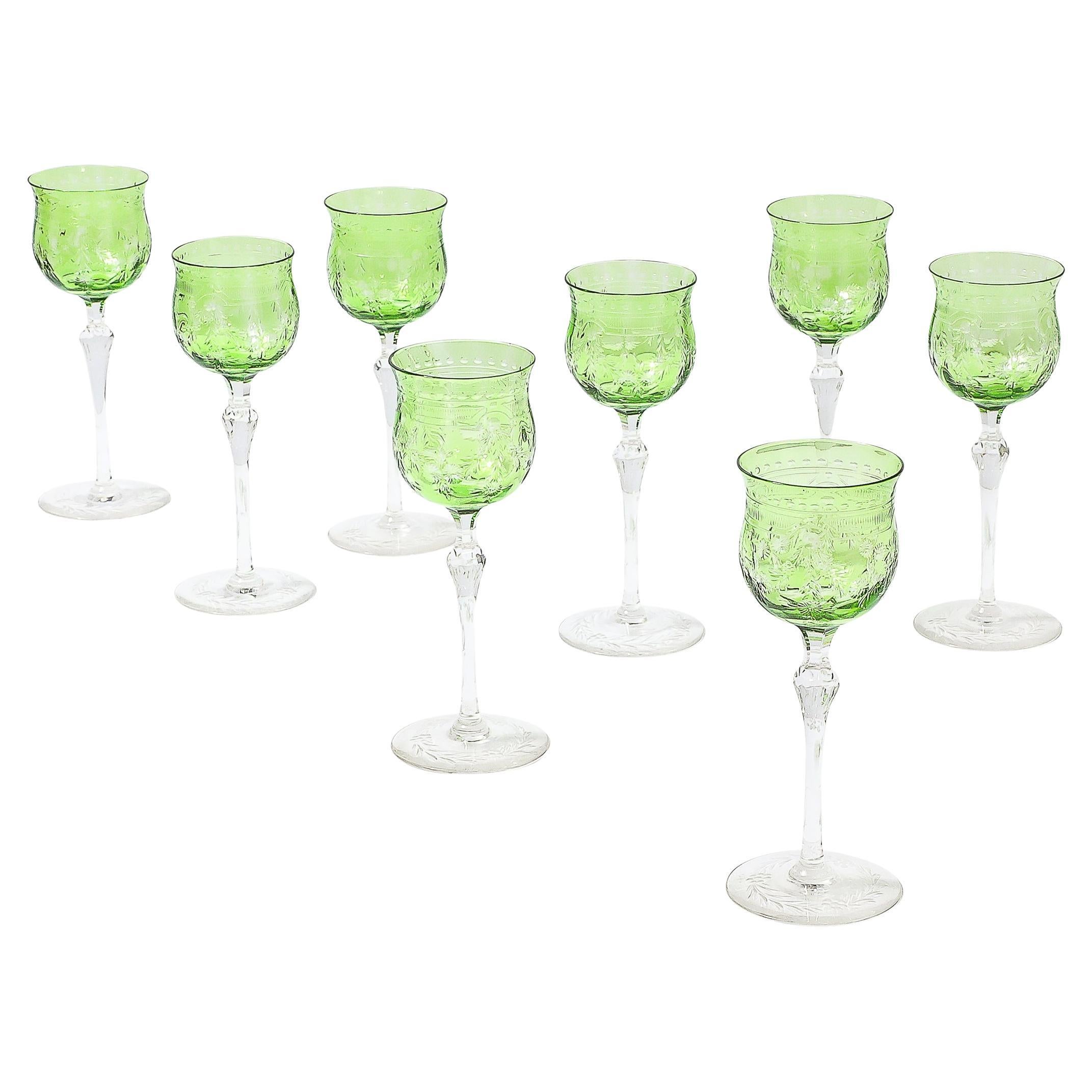 Set of Eight Edwardian Cut Crystal Emerald Green & Transparent Glasses