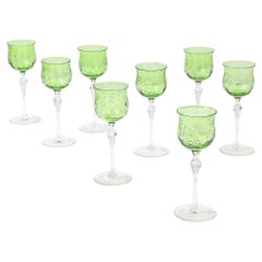 Set of Eight Edwardian Cut Crystal Emerald Green & Transparent Glasses