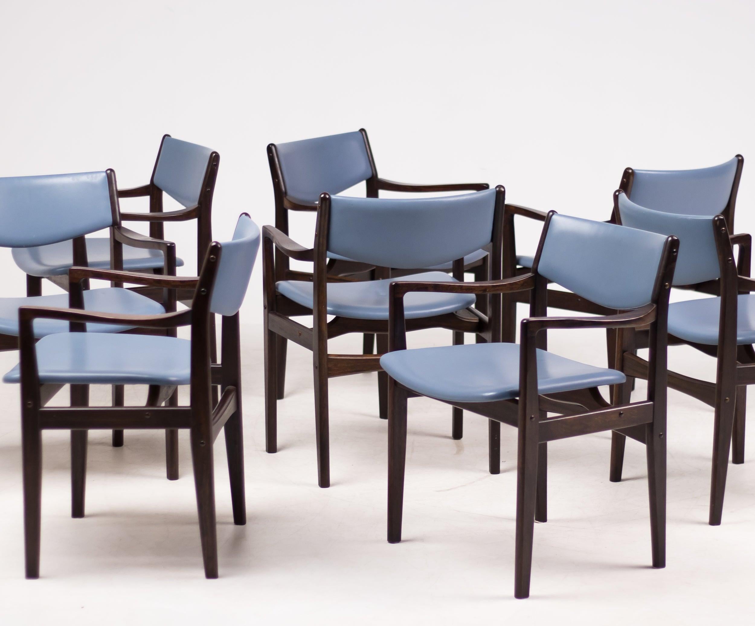 Set of Eight Danish Armchairs in Mahogany and Baby Blue Leather 5