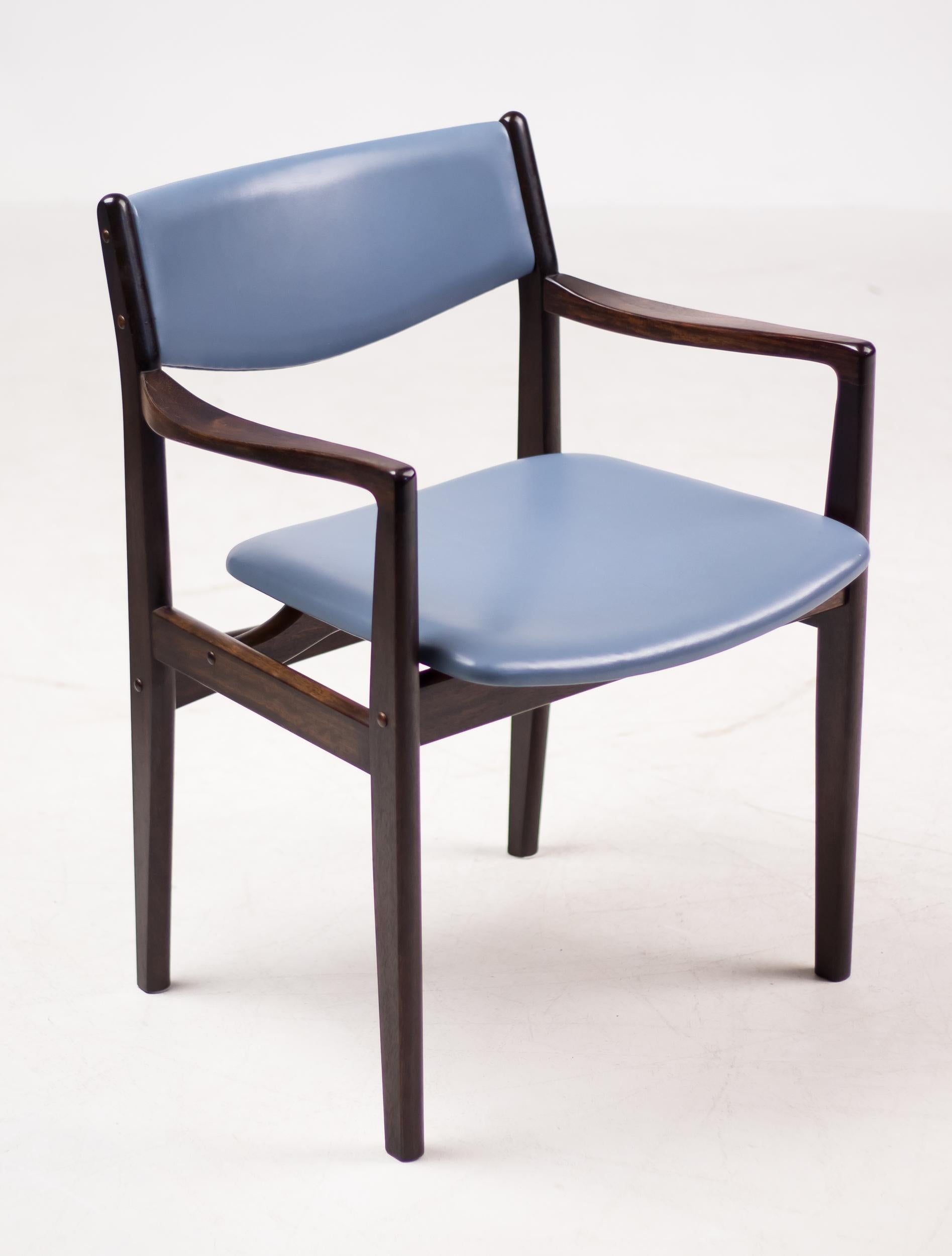 Set of Eight Danish Armchairs in Mahogany and Baby Blue Leather 2