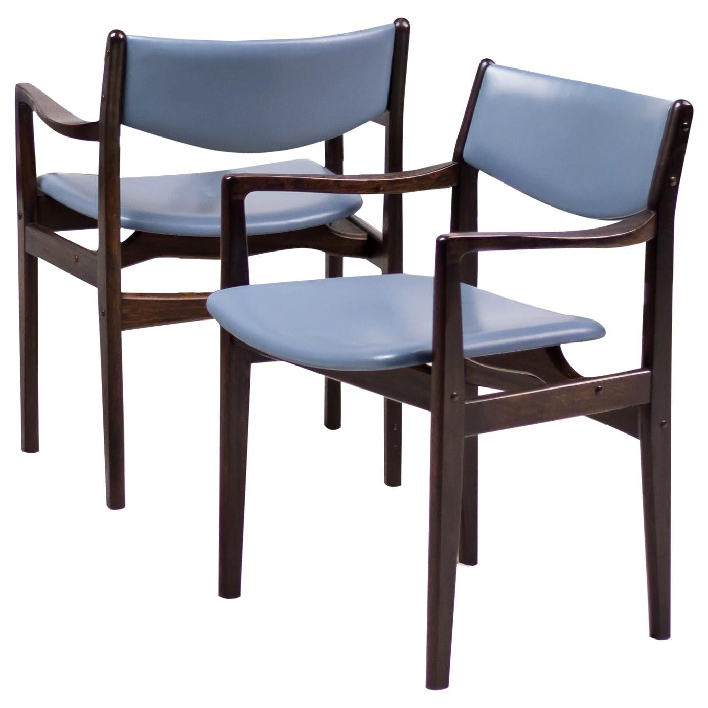 Set of Eight Danish Armchairs in Mahogany and Baby Blue Leather
