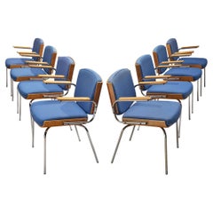 Danish Set of Eight Armchairs in Oak and Chrome with Blue Upholstery