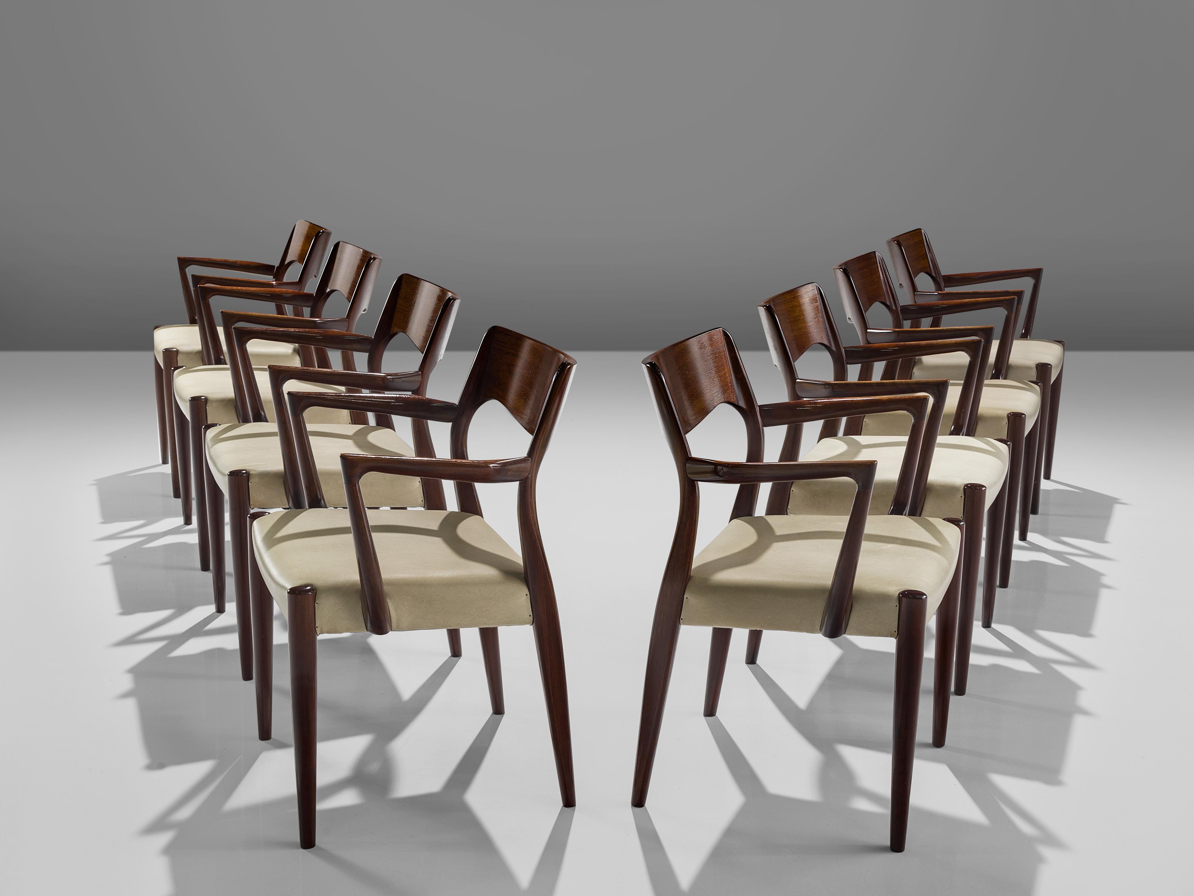 Mid-20th Century Set of Eight Danish Dining Chairs in Stained Wood with Armrests