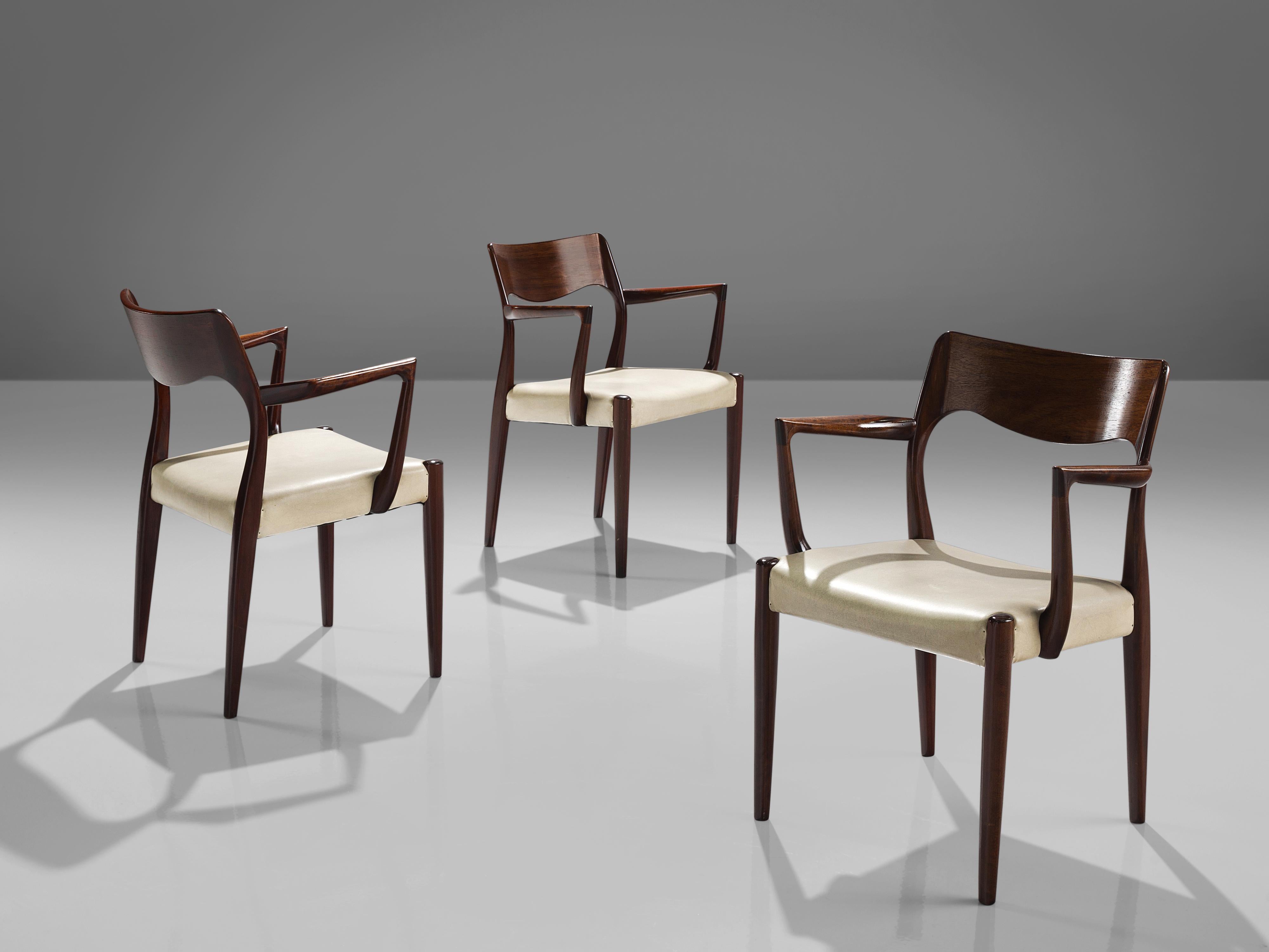 Set of Eight Danish Dining Chairs in Stained Wood with Armrests 3