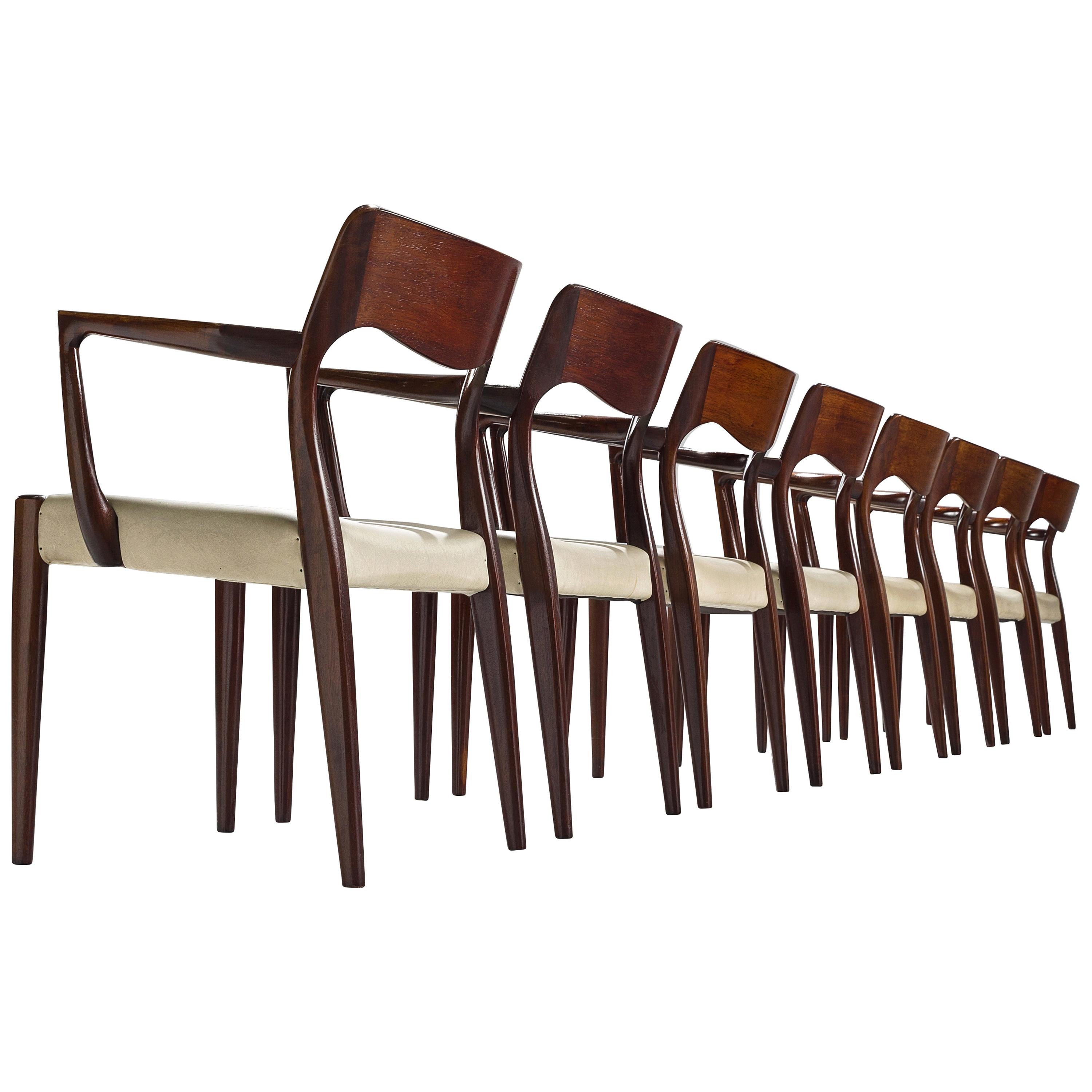 Set of Eight Danish Dining Chairs in Stained Wood with Armrests