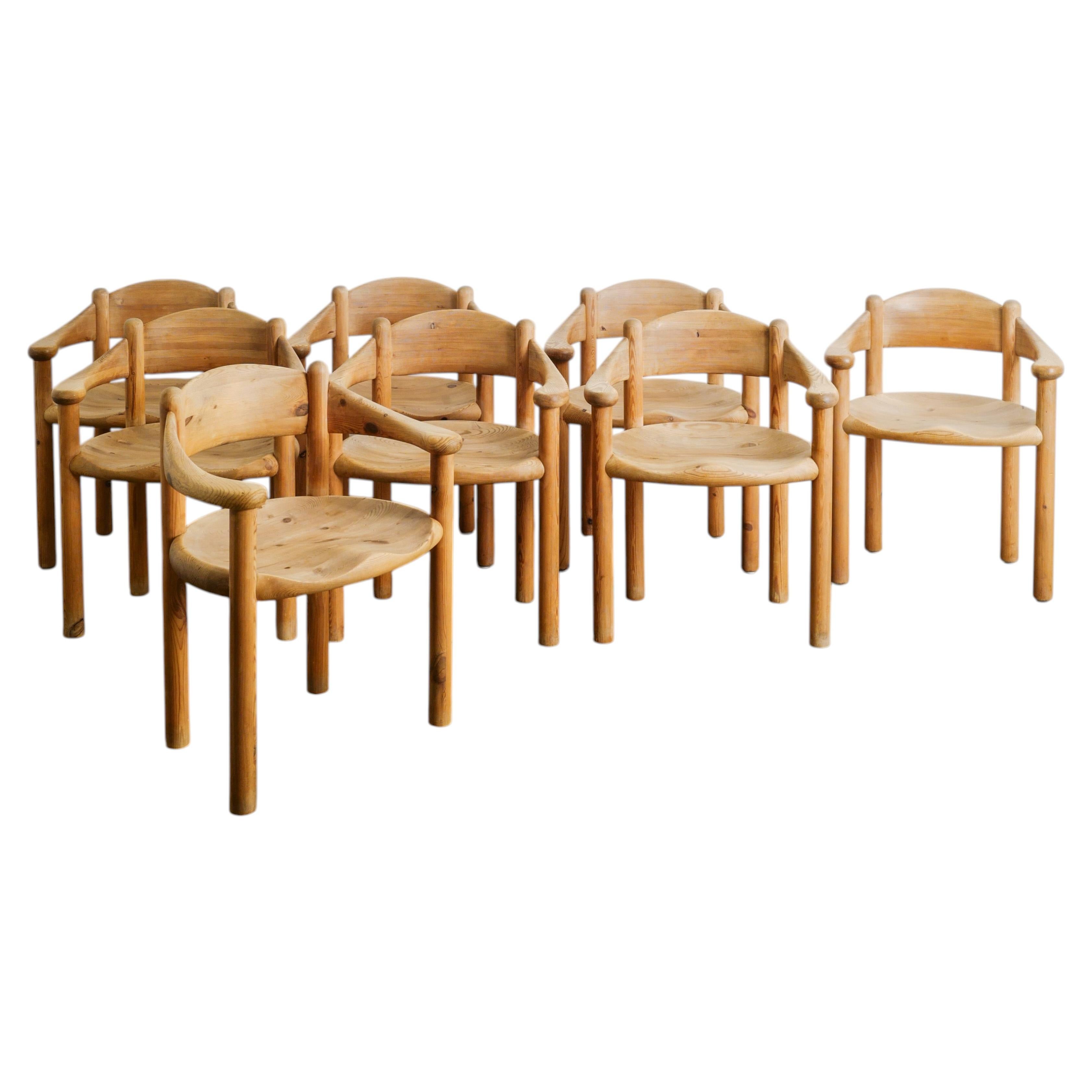 Set of Eight Danish Mid Century Wooden Dining Chairs in Pine by Rainer Daumiller