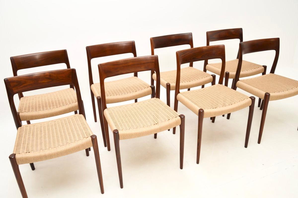 An exceptional set of eight Danish model 77 dining chairs by Niels Moller. They were made in Denmark by JL Moller Mobelfabrik, they date from the 1960’s.

The quality is outstanding as with all Niels Moller chairs, the model 77 is probably the most