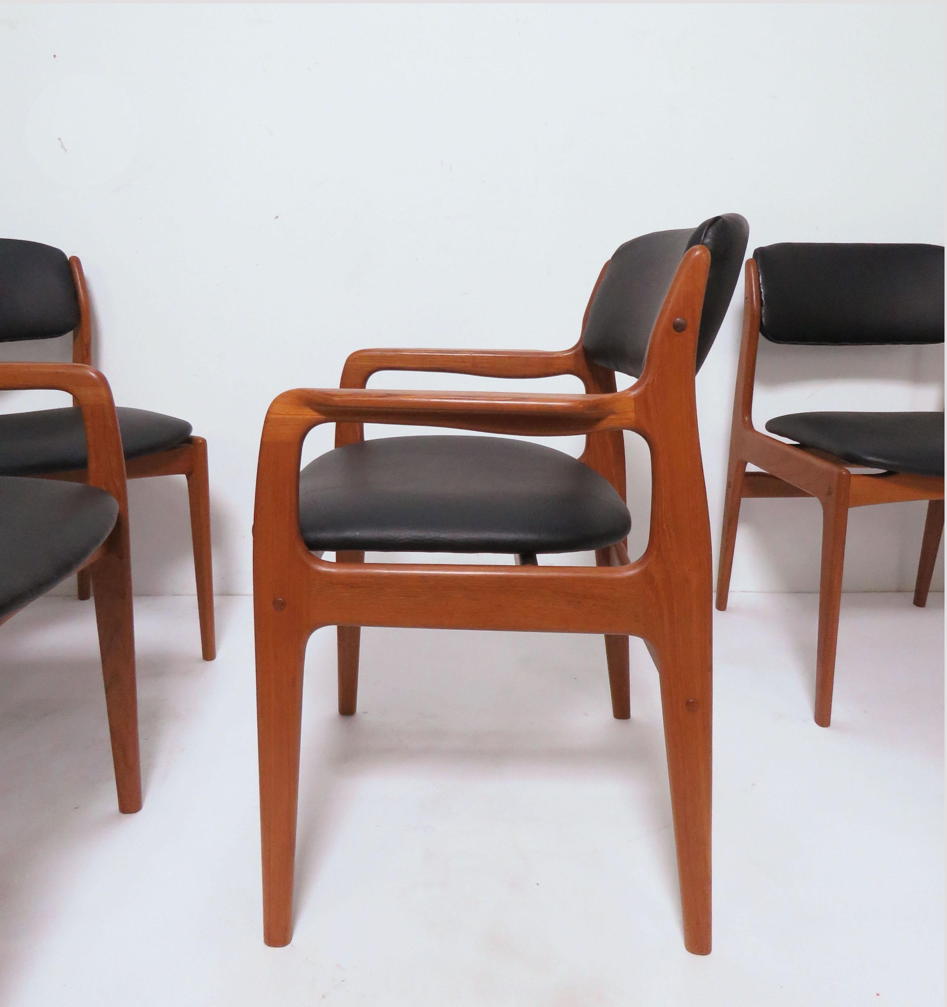 Set of eight teak dining chairs consisting of two armchairs and six side chairs, in the manner of Danish designer Erik Buch, circa 1970s.

Armchairs measure: 22.5