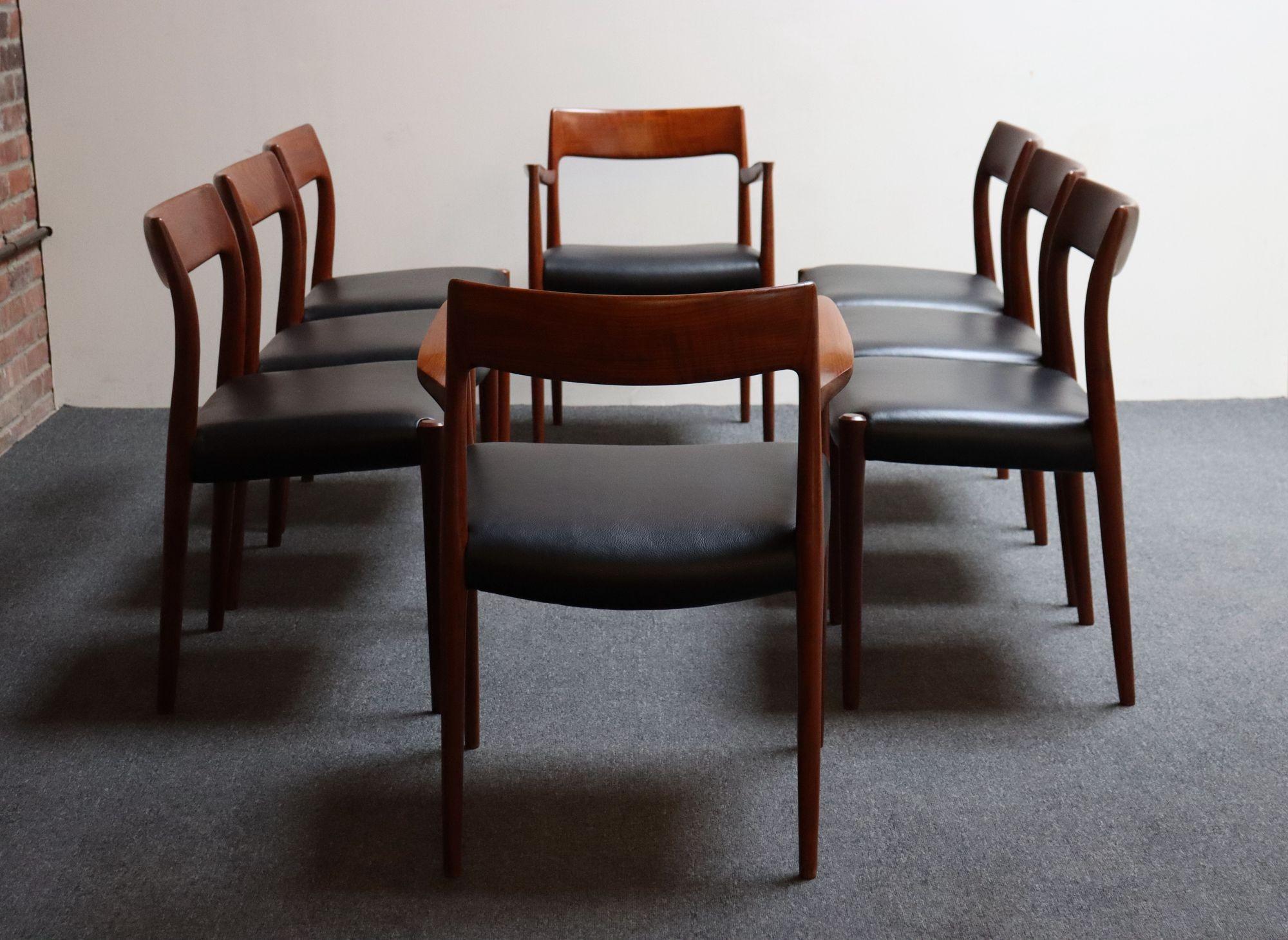 Scandinavian Modern Set of Eight Danish Teak and Leather Niels O Møller Dining Chairs Models 77 & 57