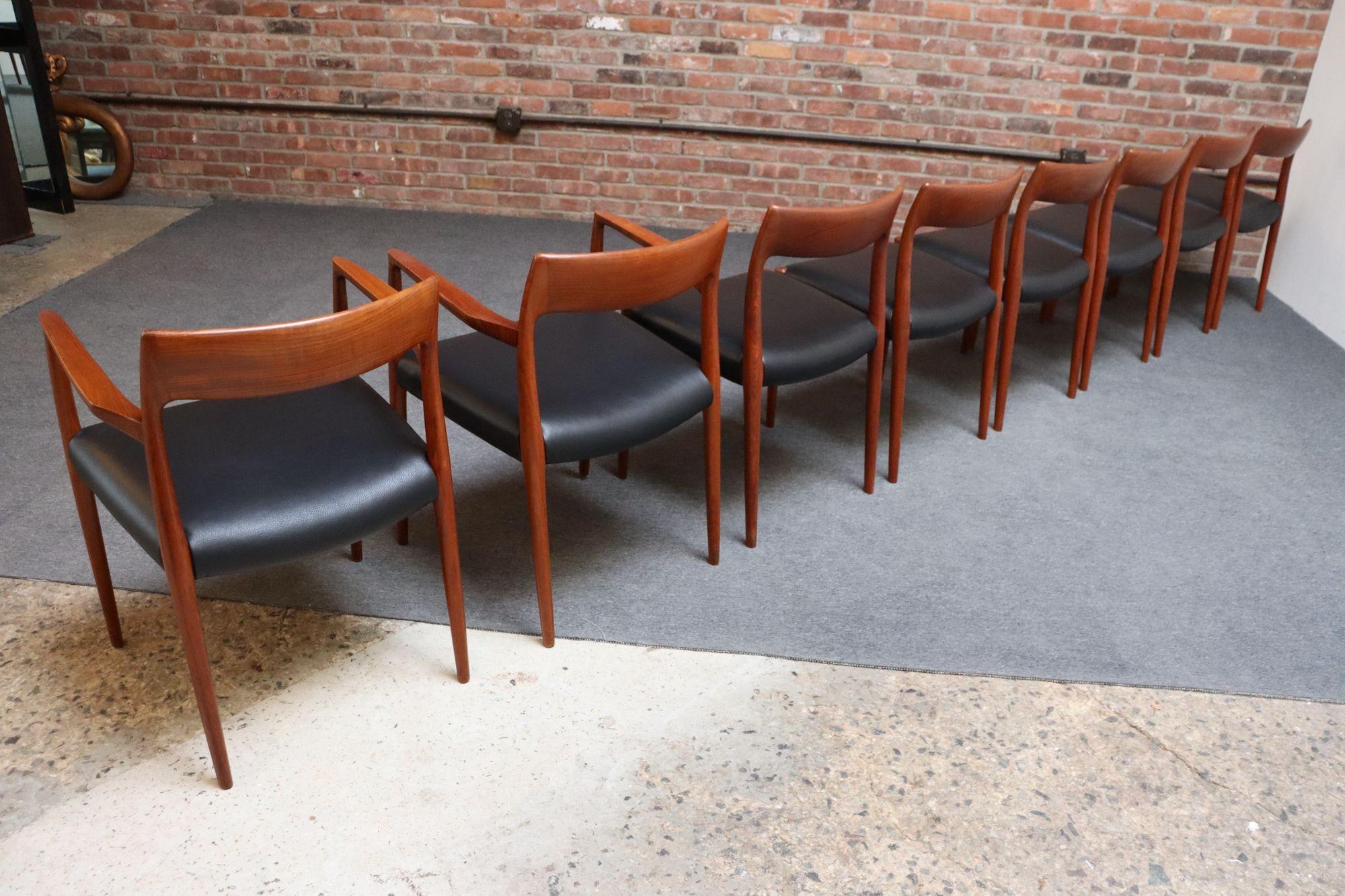 Set of Eight Danish Teak and Leather Niels O Møller Dining Chairs Models 77 & 57 11