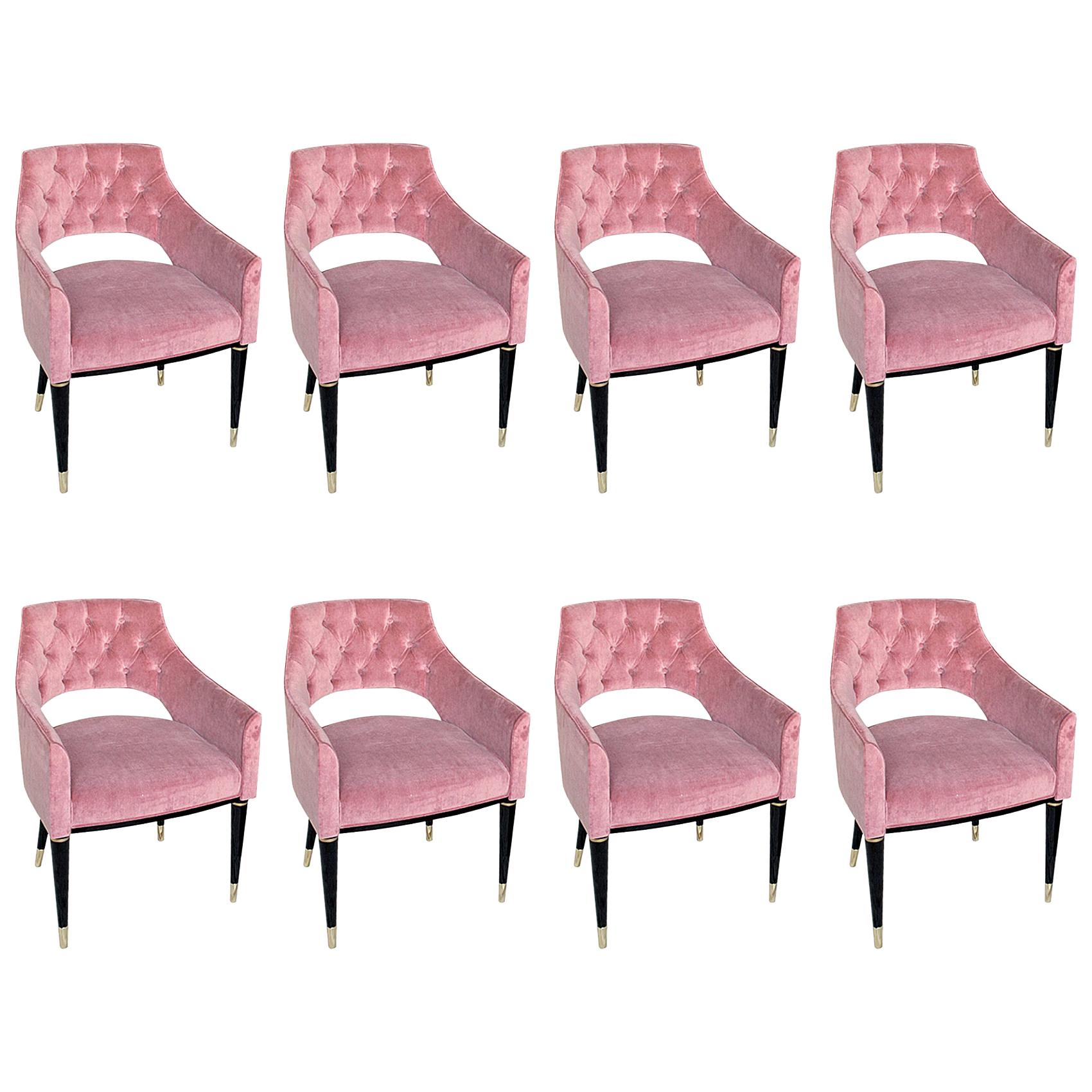 Set of Eight Dining Armchair, Tufted Cotton Velvet, Midcentury Style