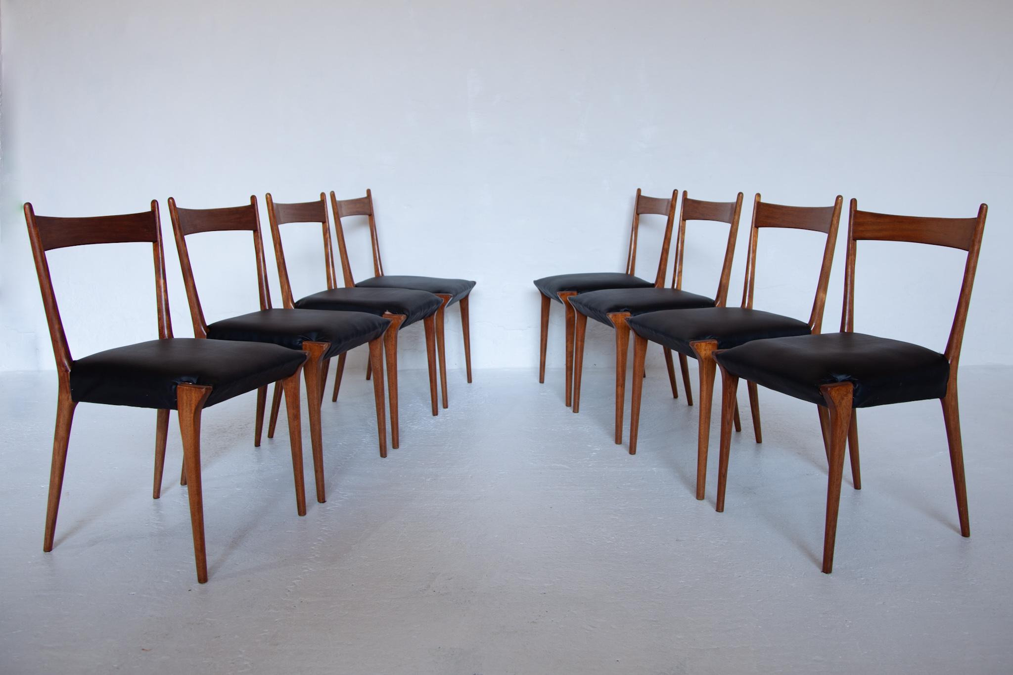 Set of eight very rare Model S2 chairs designed by Alfred Hendrickx in 1958 for Belform.
Although the chairs look very fragile but they are very solid in their construction. The wood silhouette is very cleverly done while the top part looks very