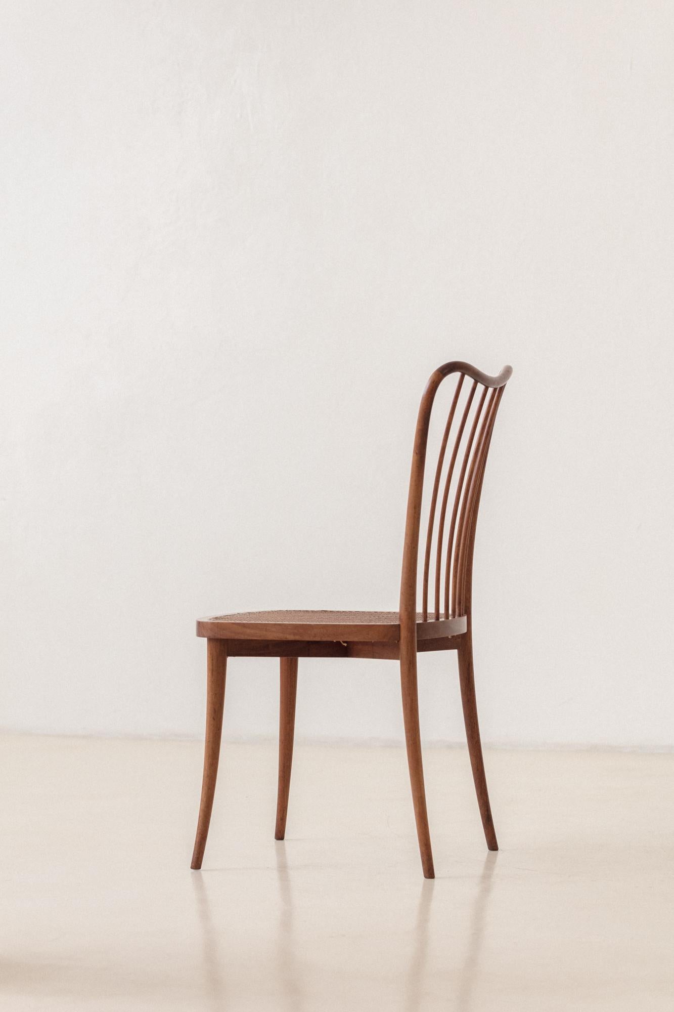 Set of Eight Dining Chairs by Joaquim Tenreiro, Solid Wood and Cane, 1950s For Sale 3