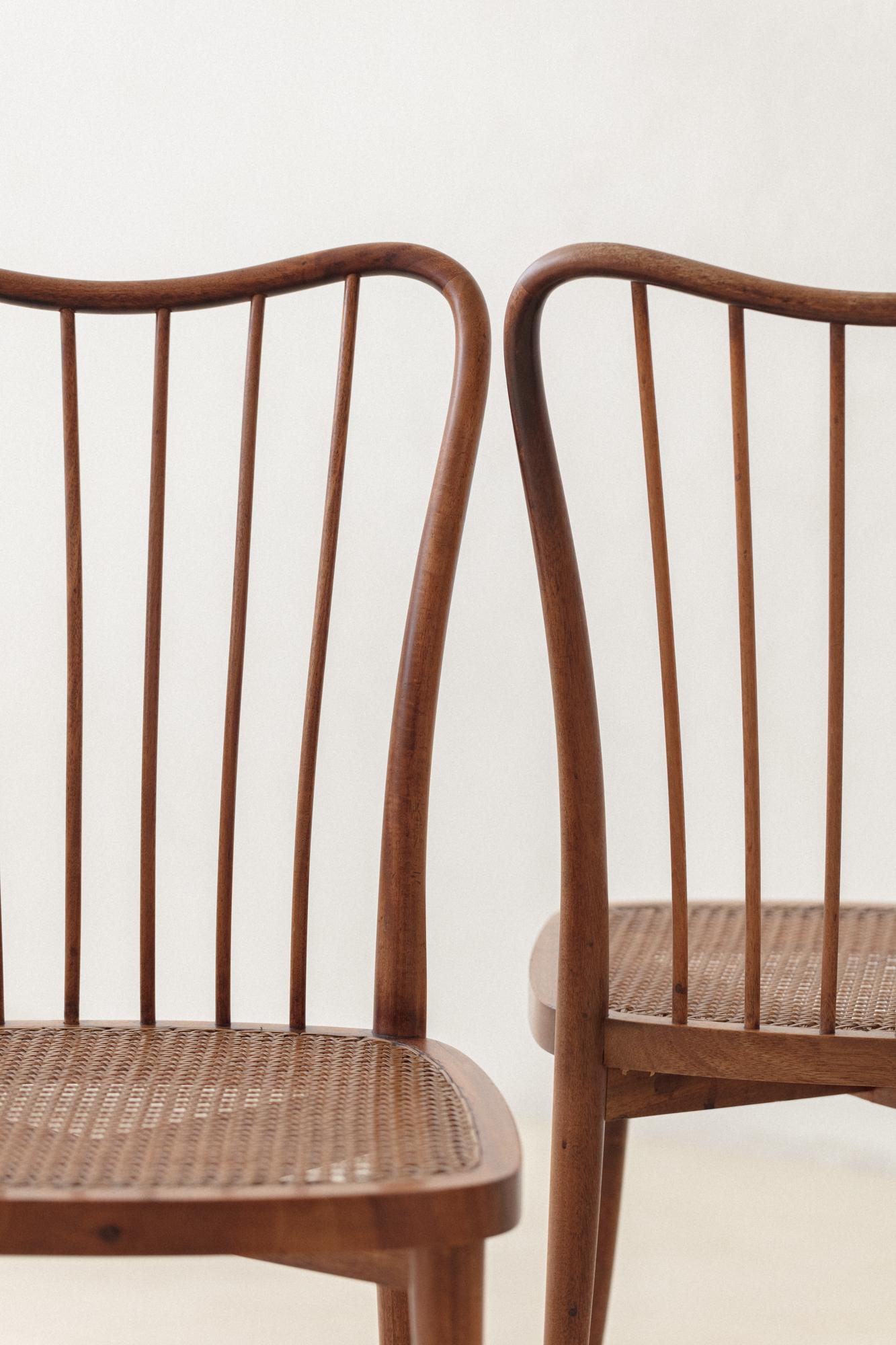 Set of Eight Dining Chairs by Joaquim Tenreiro, Solid Wood and Cane, 1950s For Sale 7