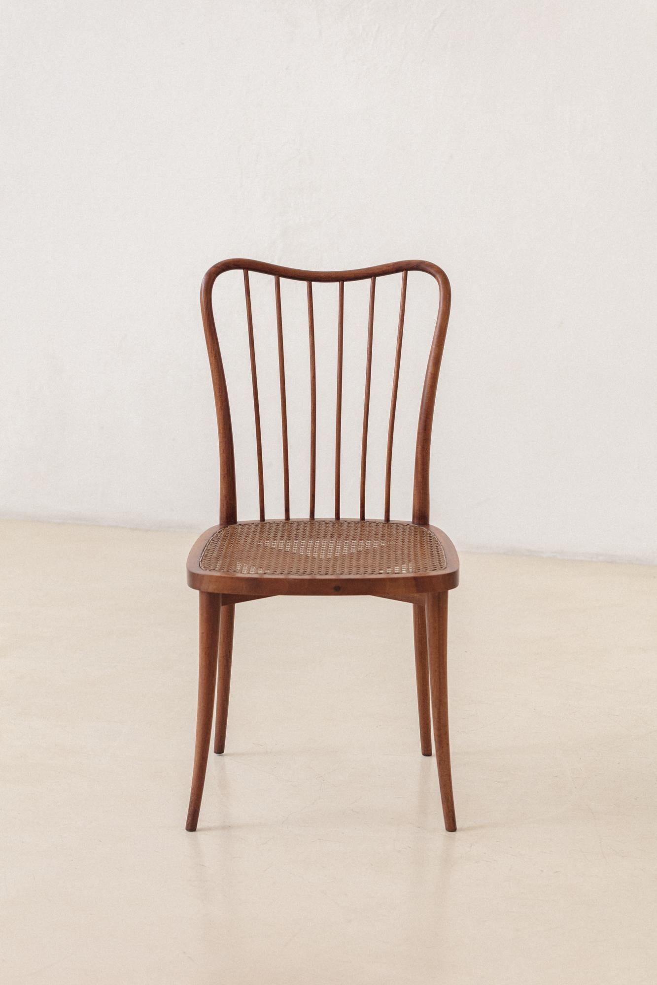 Set of Eight Dining Chairs by Joaquim Tenreiro, Solid Wood and Cane, 1950s For Sale 1