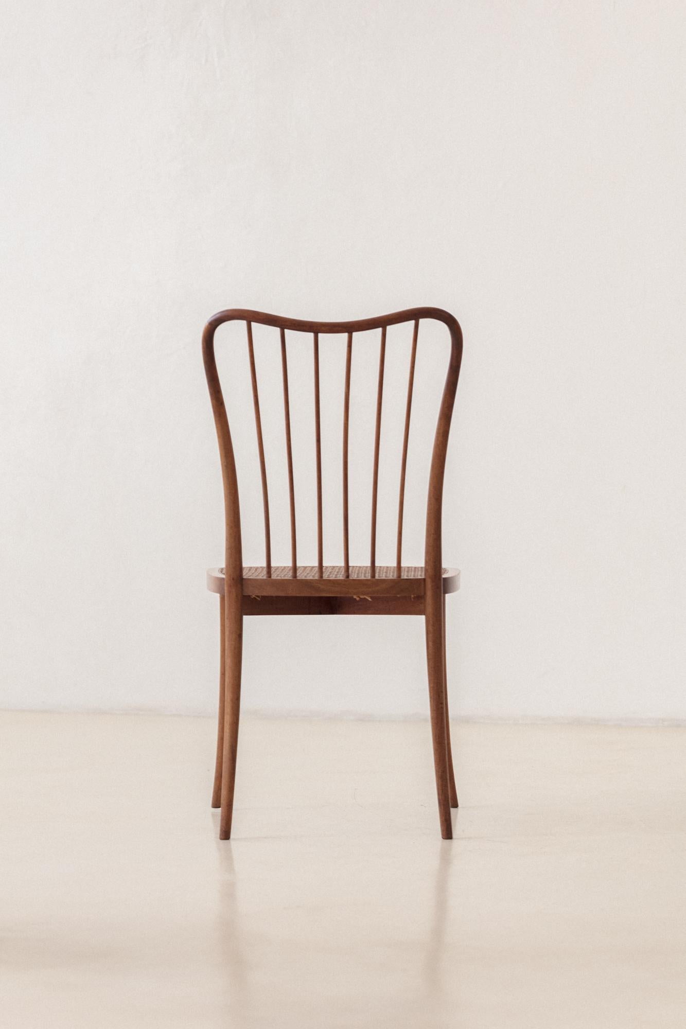Set of Eight Dining Chairs by Joaquim Tenreiro, Solid Wood and Cane, 1950s For Sale 2