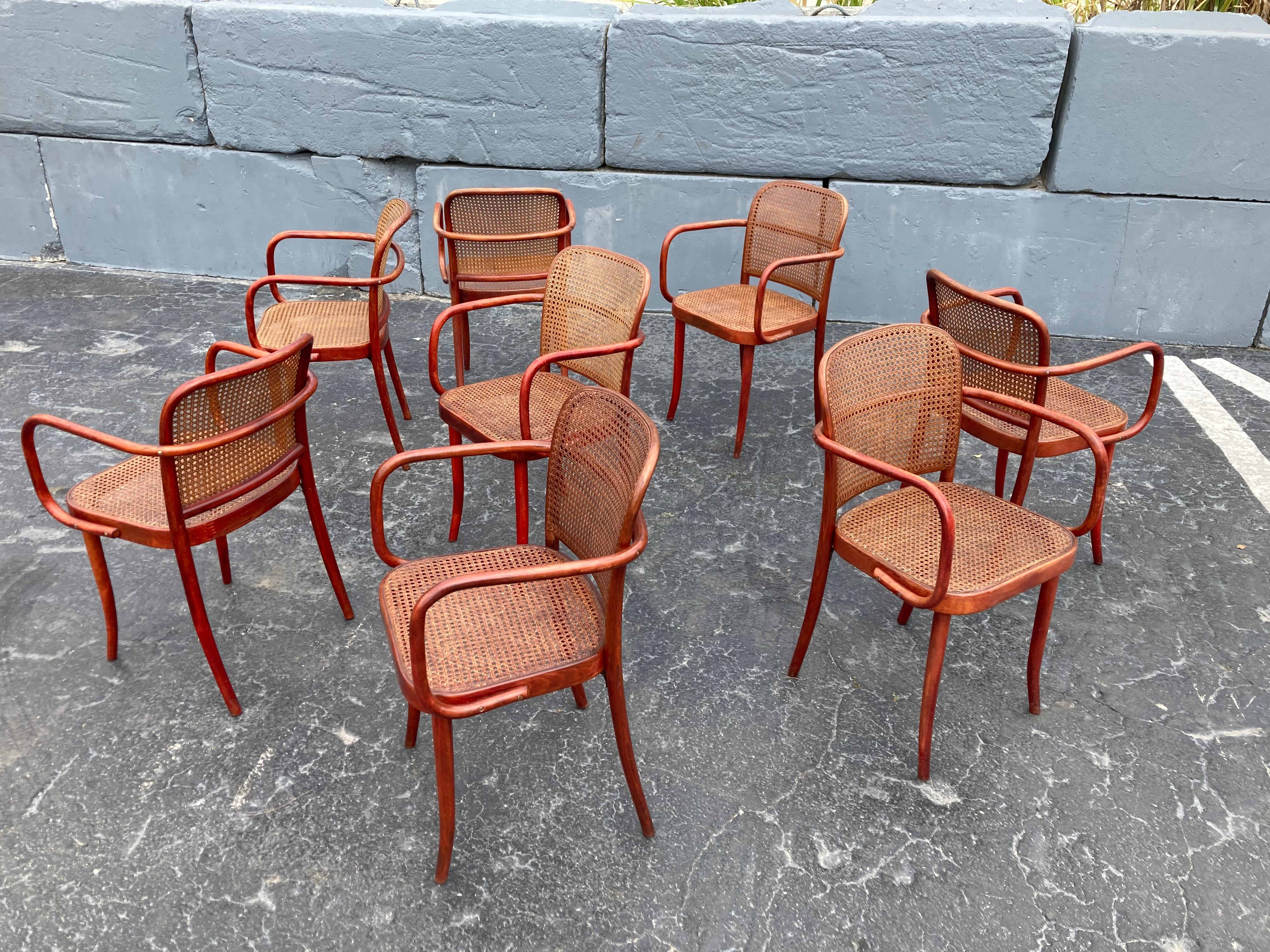 Set of Eight Dining Chairs by Josef Hoffmann, Bentwood, Red Stain, Thonet, Cane 4
