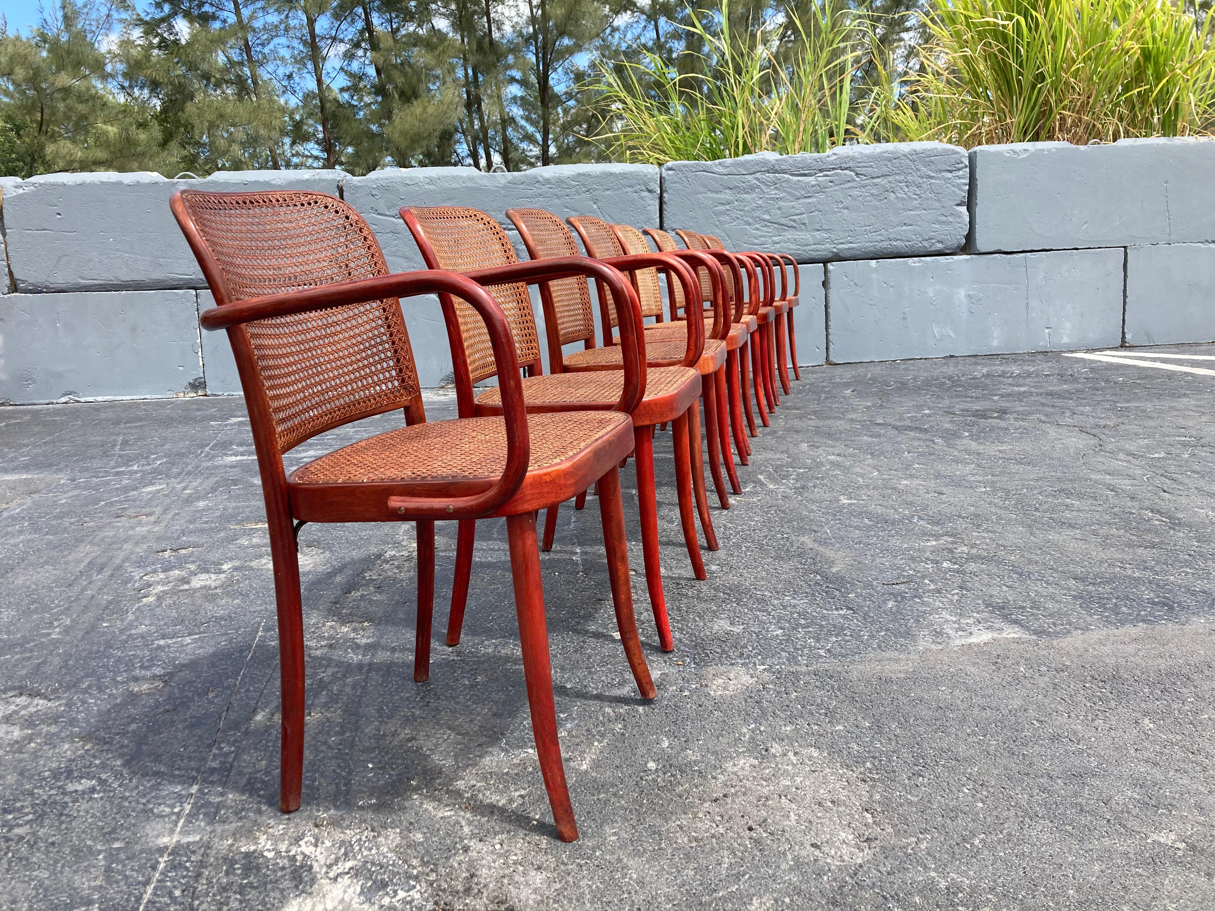Mid-20th Century Set of Eight Dining Chairs by Josef Hoffmann, Bentwood, Red Stain, Thonet, Cane