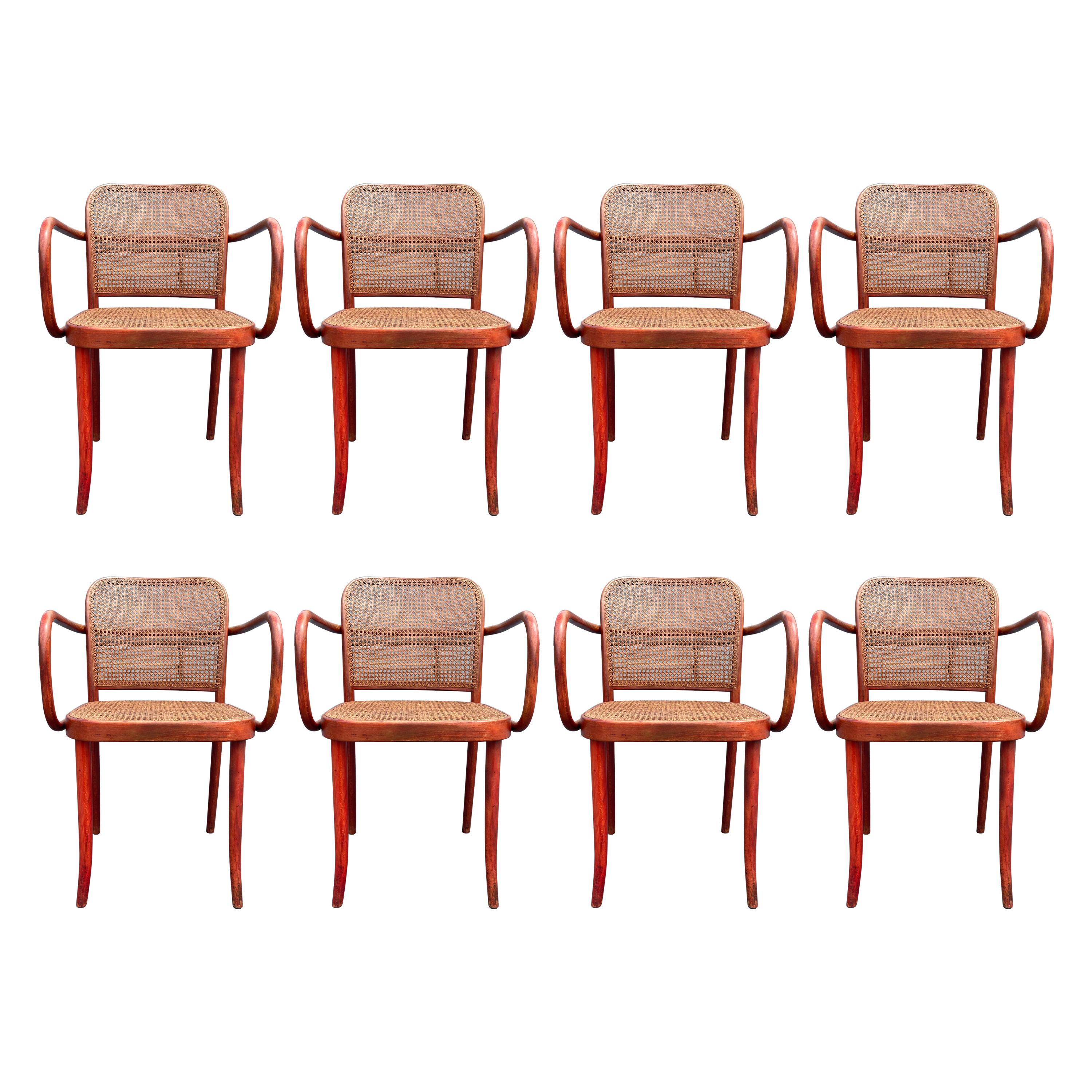 Set of Eight Dining Chairs by Josef Hoffmann, Bentwood, Red Stain, Thonet, Cane