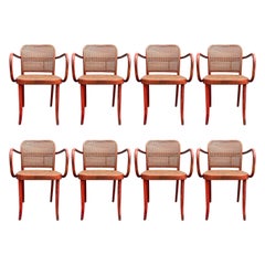 Set of Eight Dining Chairs by Josef Hoffmann, Bentwood, Red Stain, Thonet, Cane