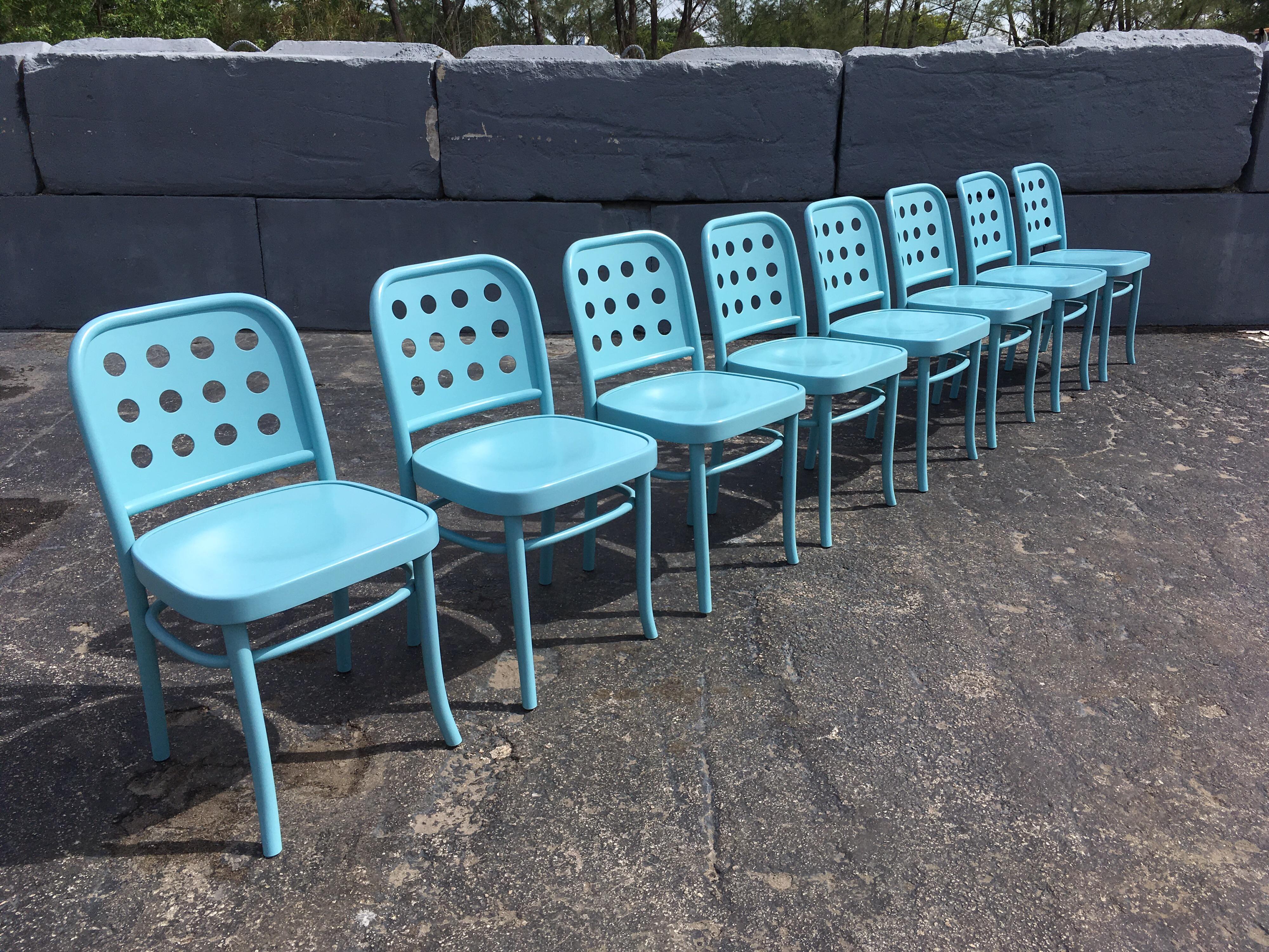 Beautiful set of eight Michael Thonet chairs in original aqua finish in very good condition.