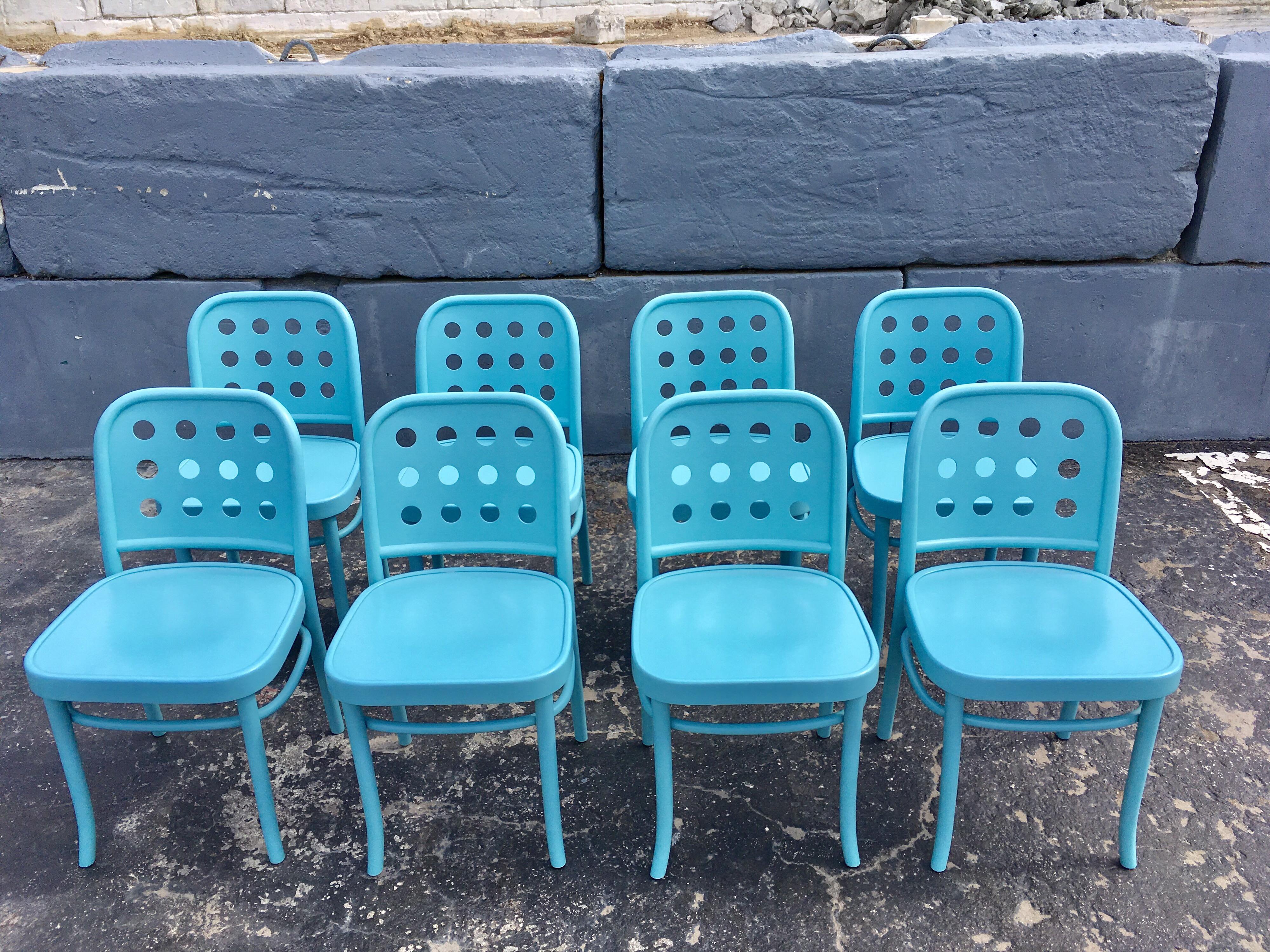 Late 20th Century Set of Eight Dining Chairs Designed by Michael Thonet, Bentwood, Aqua Color