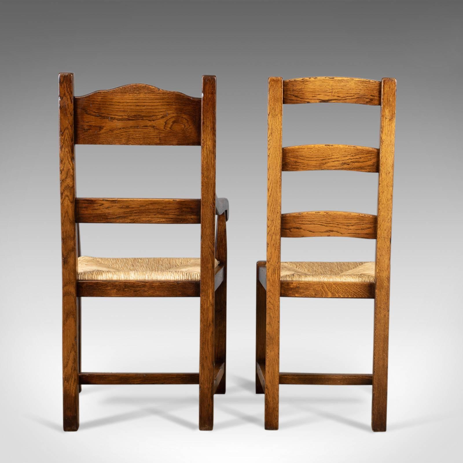 20th Century Set of Eight Dining Chairs, English Oak in Victorian Taste, Rush Seats