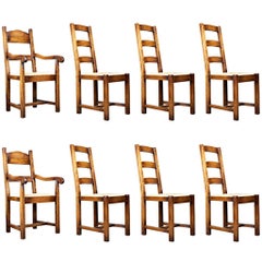 Vintage Set of Eight Dining Chairs, English Oak in Victorian Taste, Rush Seats
