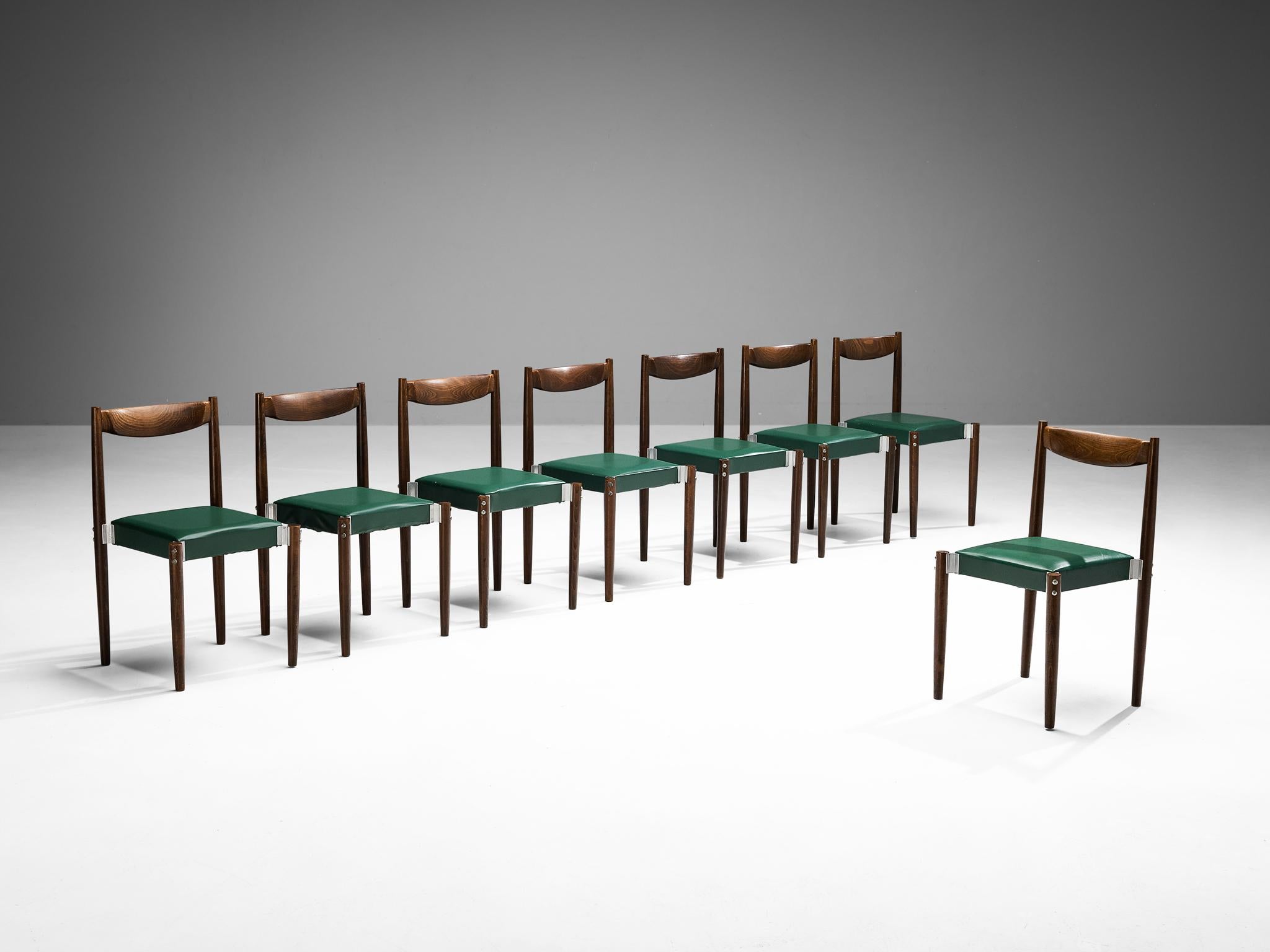 Set of eight dining chairs, leatherette, stained beech, aluminum, Czech Republic, 1960s.

Well-proportioned set of dining chairs with constructive detailing discernible in the aluminum joints that connect the legs with the seat. The wooden frame is