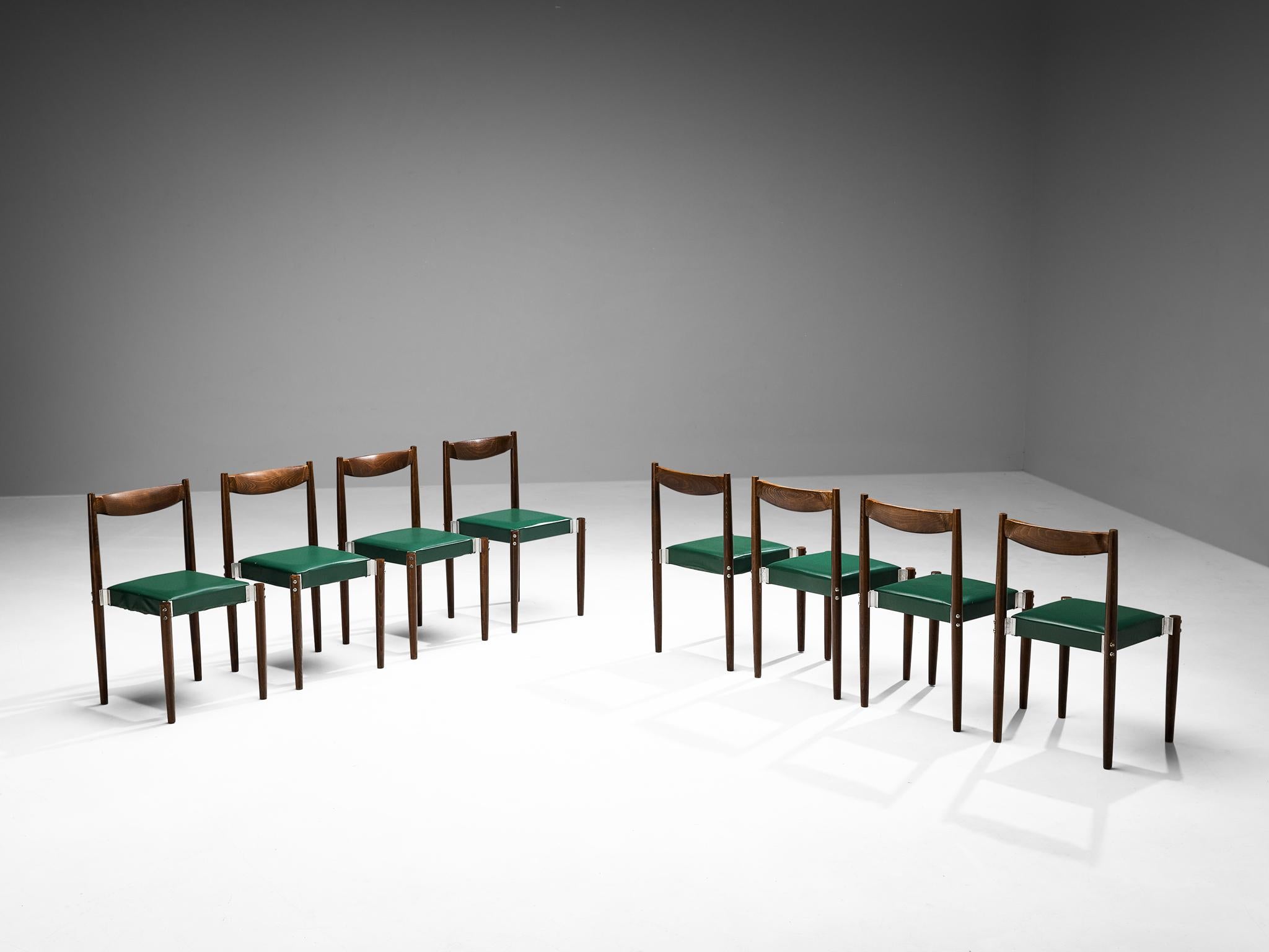 Set of Eight Dining Chairs in Green Upholstery and Stained Wood  In Good Condition For Sale In Waalwijk, NL