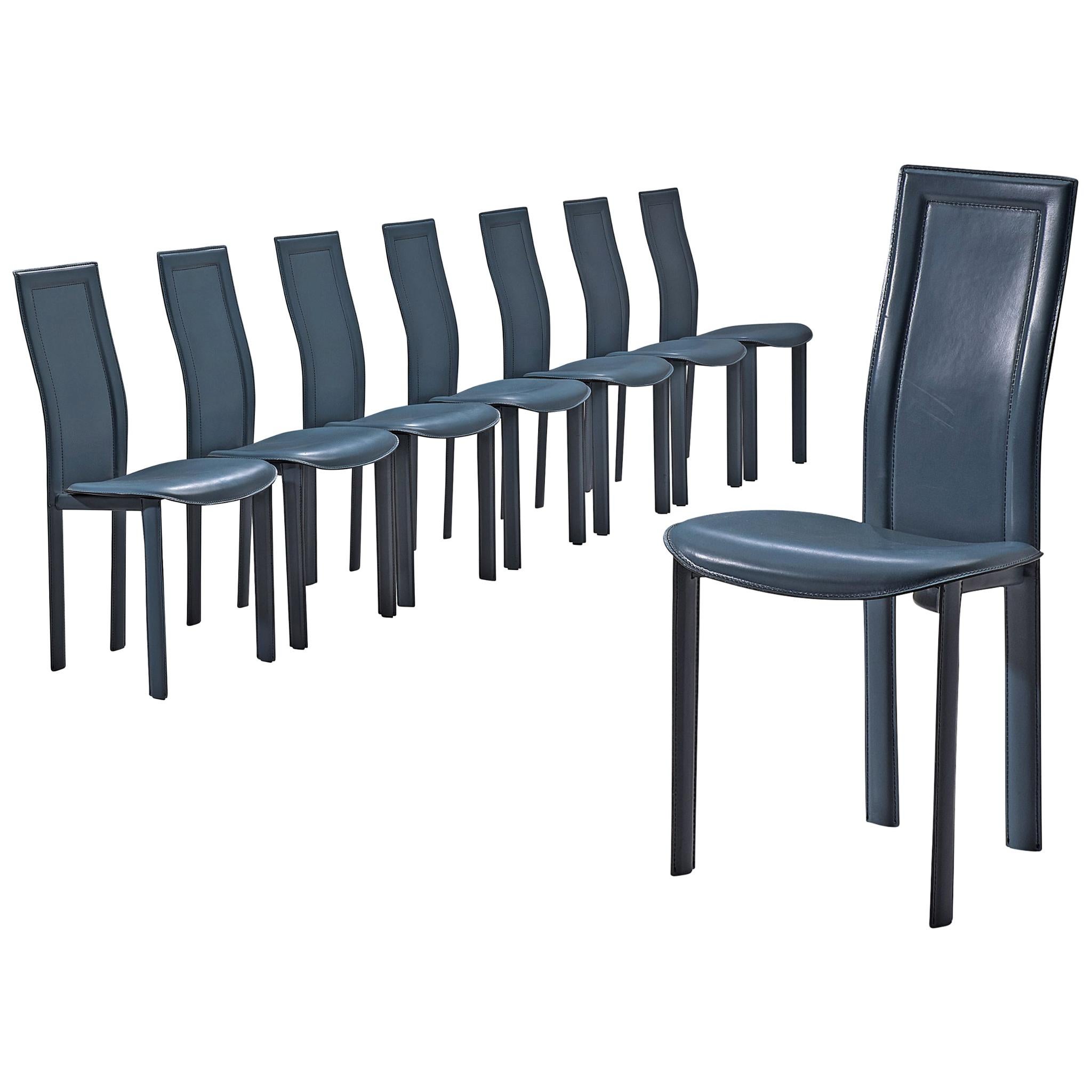 Set of Eight Dining Chairs in Ice Blue Leather by Cattelan Italia