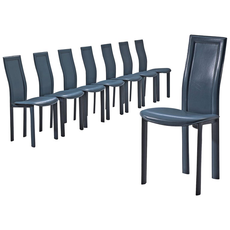 Eight Dining Chairs In Ice Blue Leather, Pale Blue Leather Dining Chairs