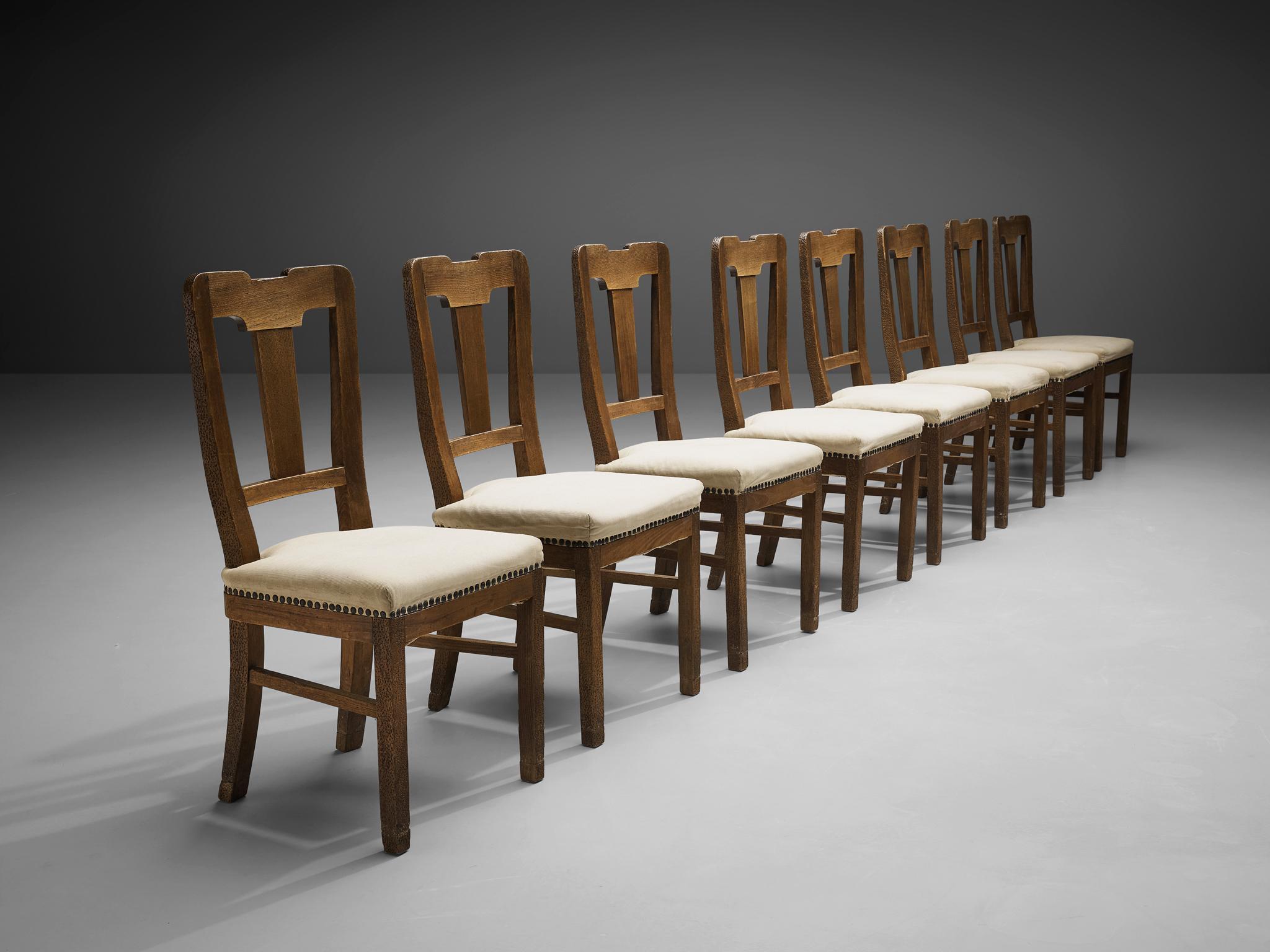 Art Deco Set of Eight Dining Chairs in Oak by Ernesto Valabrega