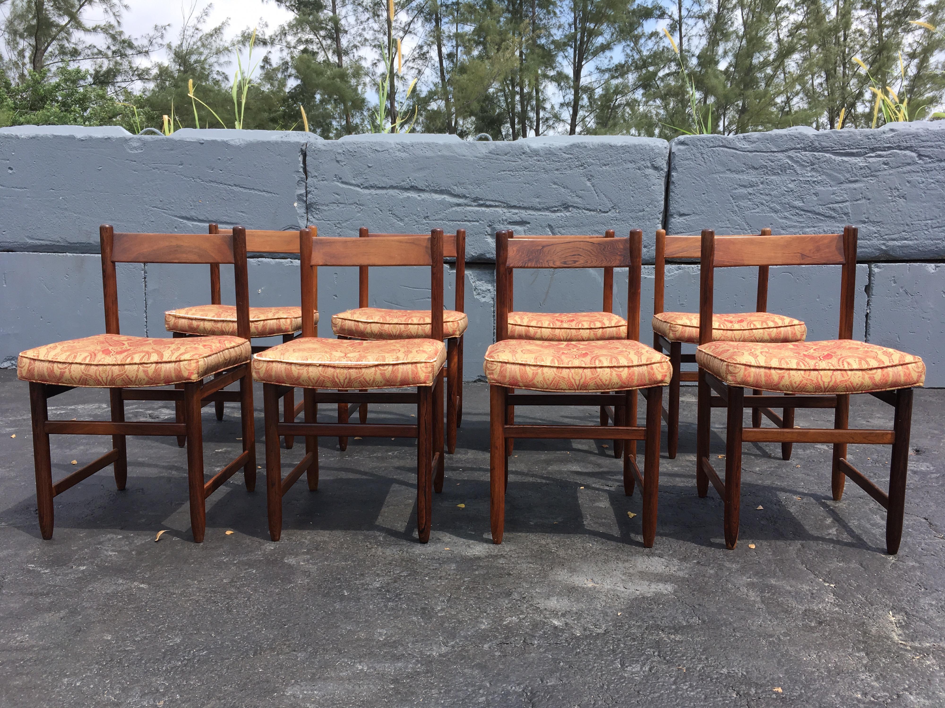 Eight solid rosewood chairs designed by Sergio Rodrigues. Chairs need to be recovered, we can help.
Frames are in good condition and will be cleaned and oiled for buyer.
