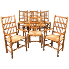 Vintage Set of Eight Dining Chairs, Lancashire Spindleback, English Quality 20th Century