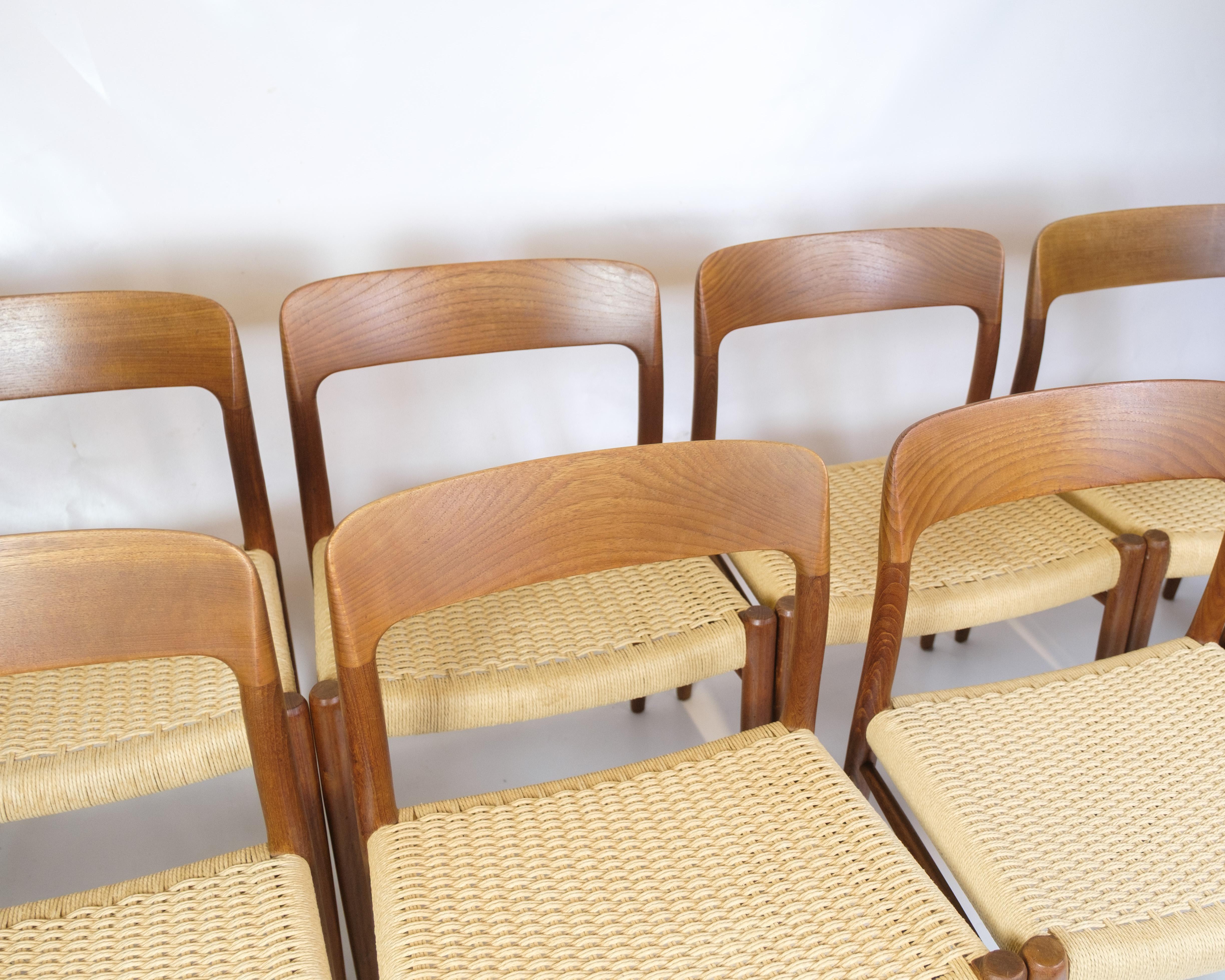 Set of eight dining chairs, model 75, designed by Niels Otto Møller and manufactured in the 1960s. The chairs are made of teak with hand-woven paper wicker seats - a classic combination that combines comfort with lightness of expression.

Model 75