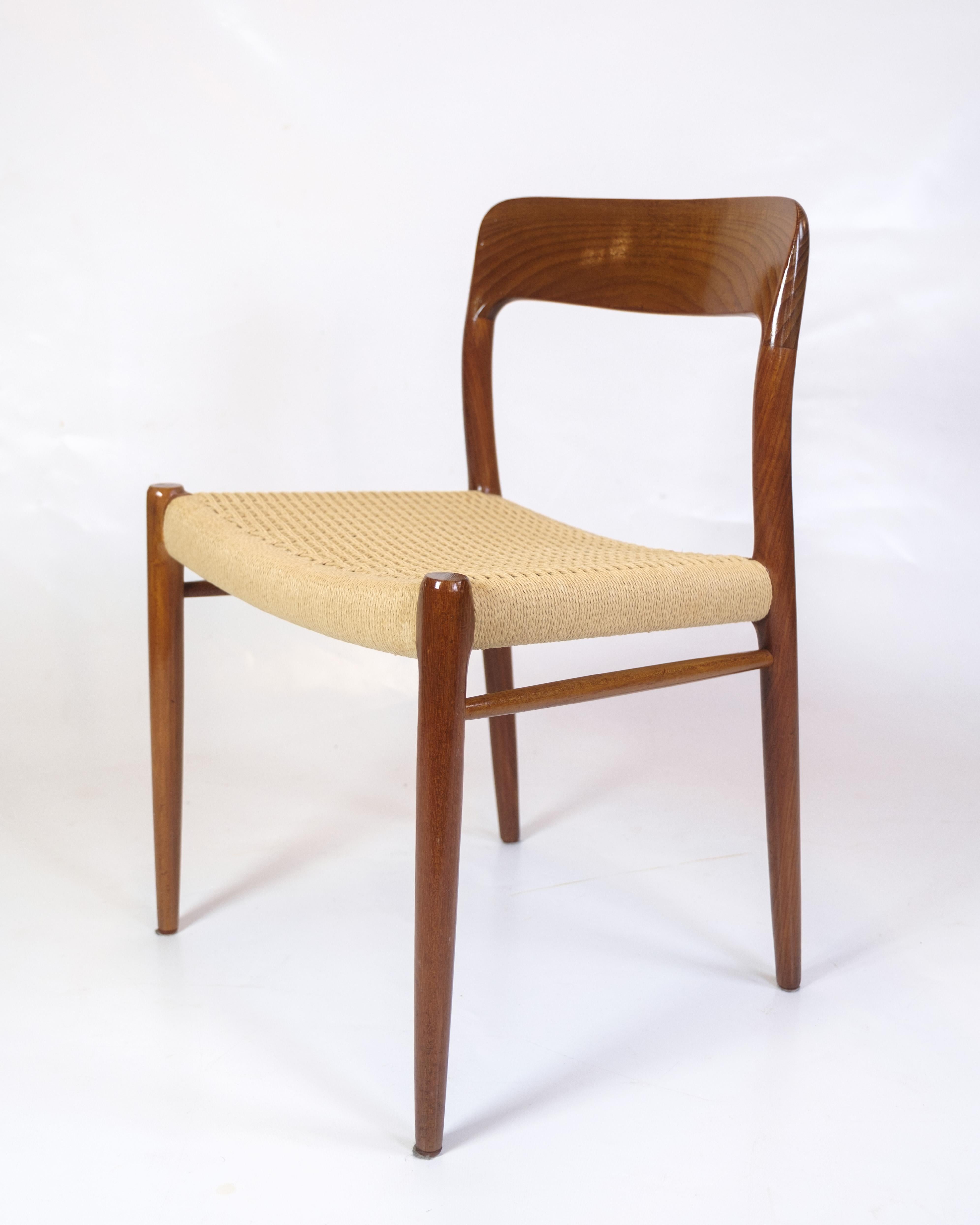 Danish Set Of Eight Dining Chairs Model 75 In Teak & Paper Wicker By N.O Møller For Sale