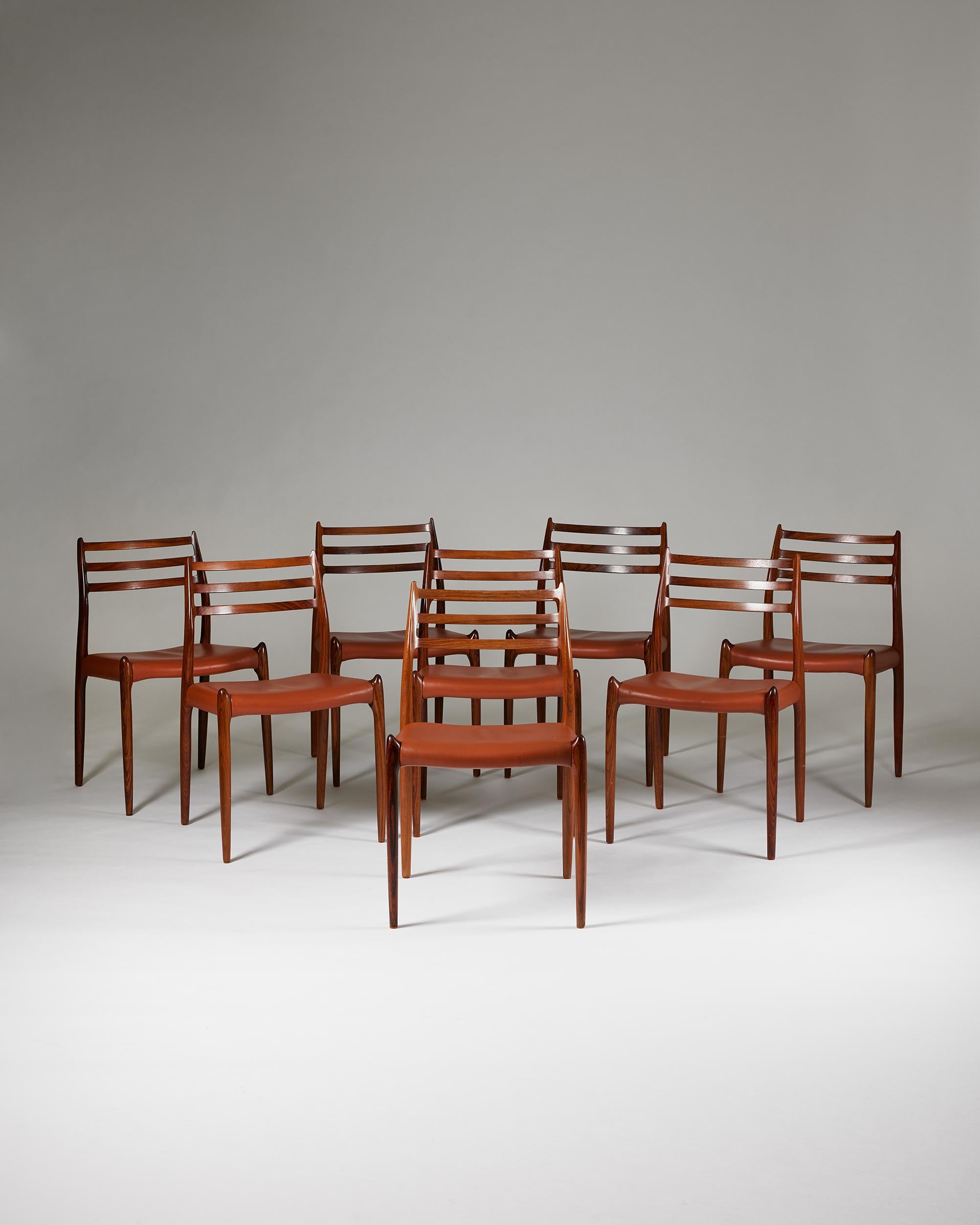 Set of eight dining chairs model 78 designed by Niels O. Möller for J. L. Möller,
Denmark, 1962.

Rosewood and leather.

Stamped.

Dimensions:
H: 81.5 cm / 2' 8''
W: 49 cm / 19 1/4''
D: 50 cm / 19 3/4''
SH: 44 cm / 17 1/4''

In 1944, Niels Otto