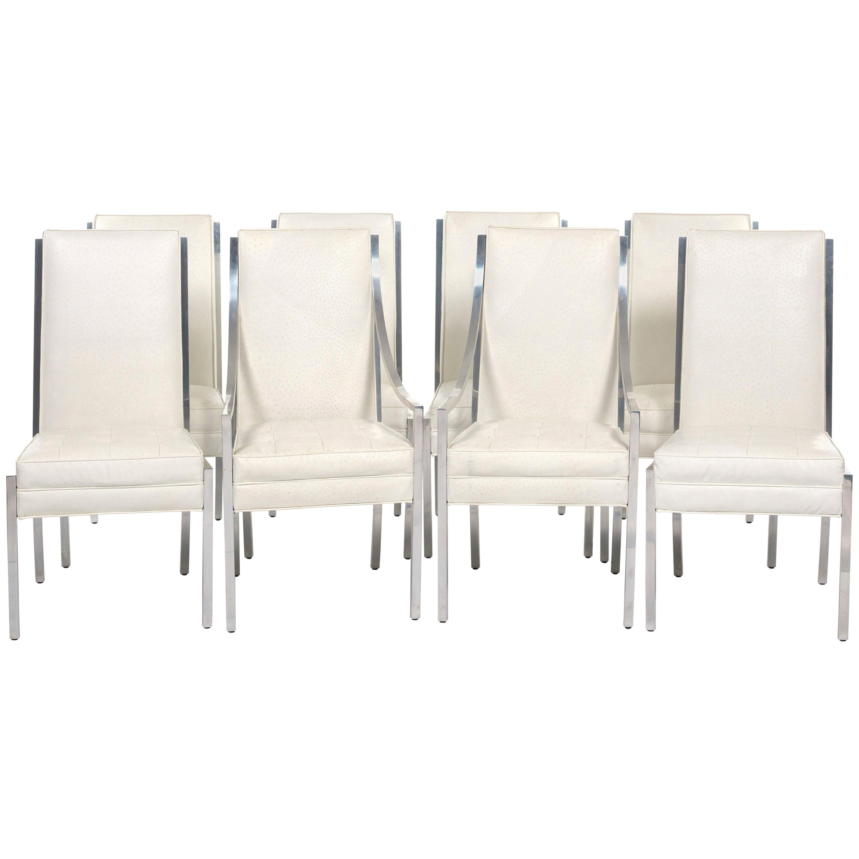 Set of Eight White Faux Ostrich Leather and Chrome Dining Chairs