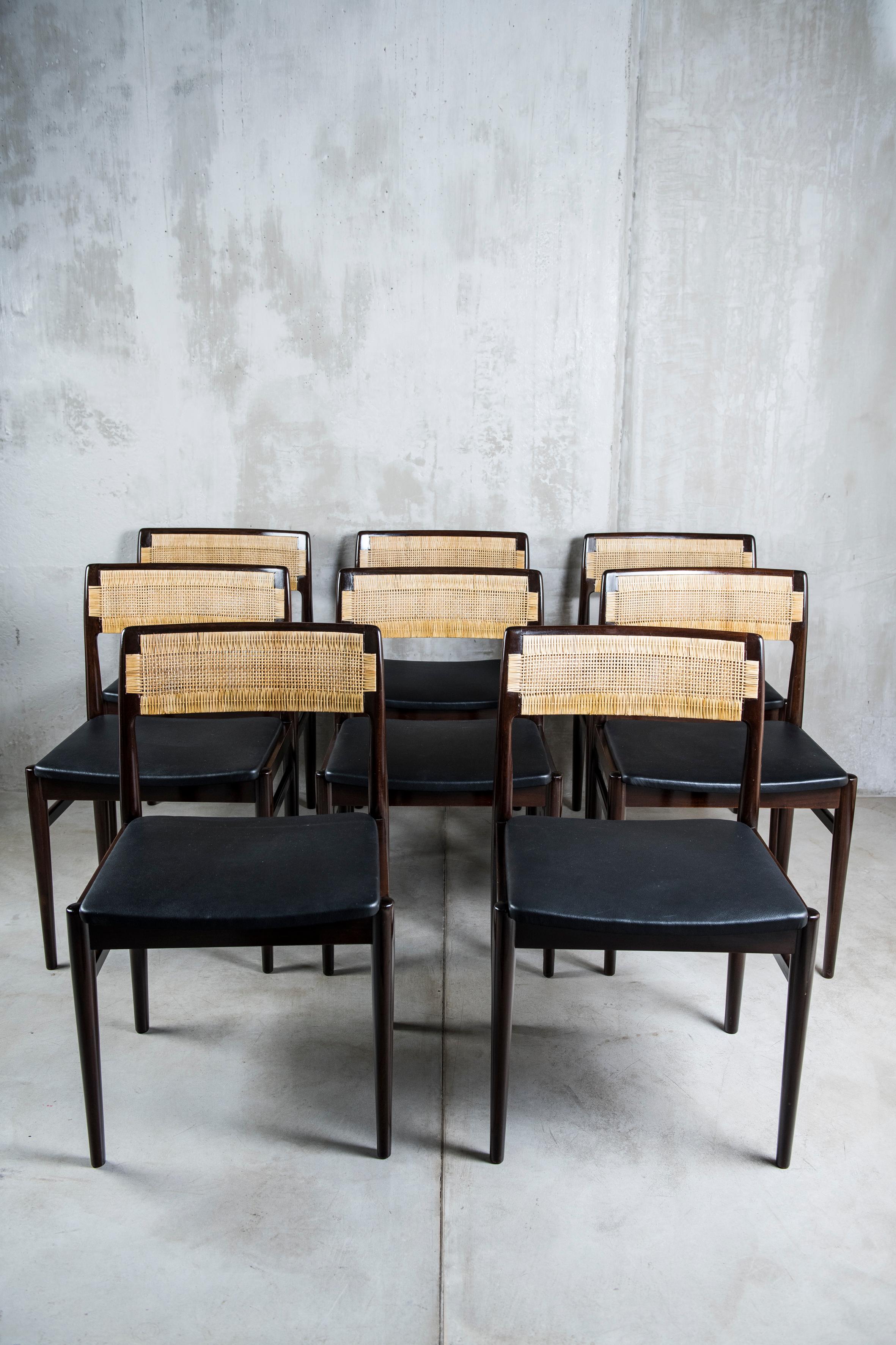 Wood Set of Eight Dining Room Chairs Design by Erik Worts, Denmark, circa 1960.