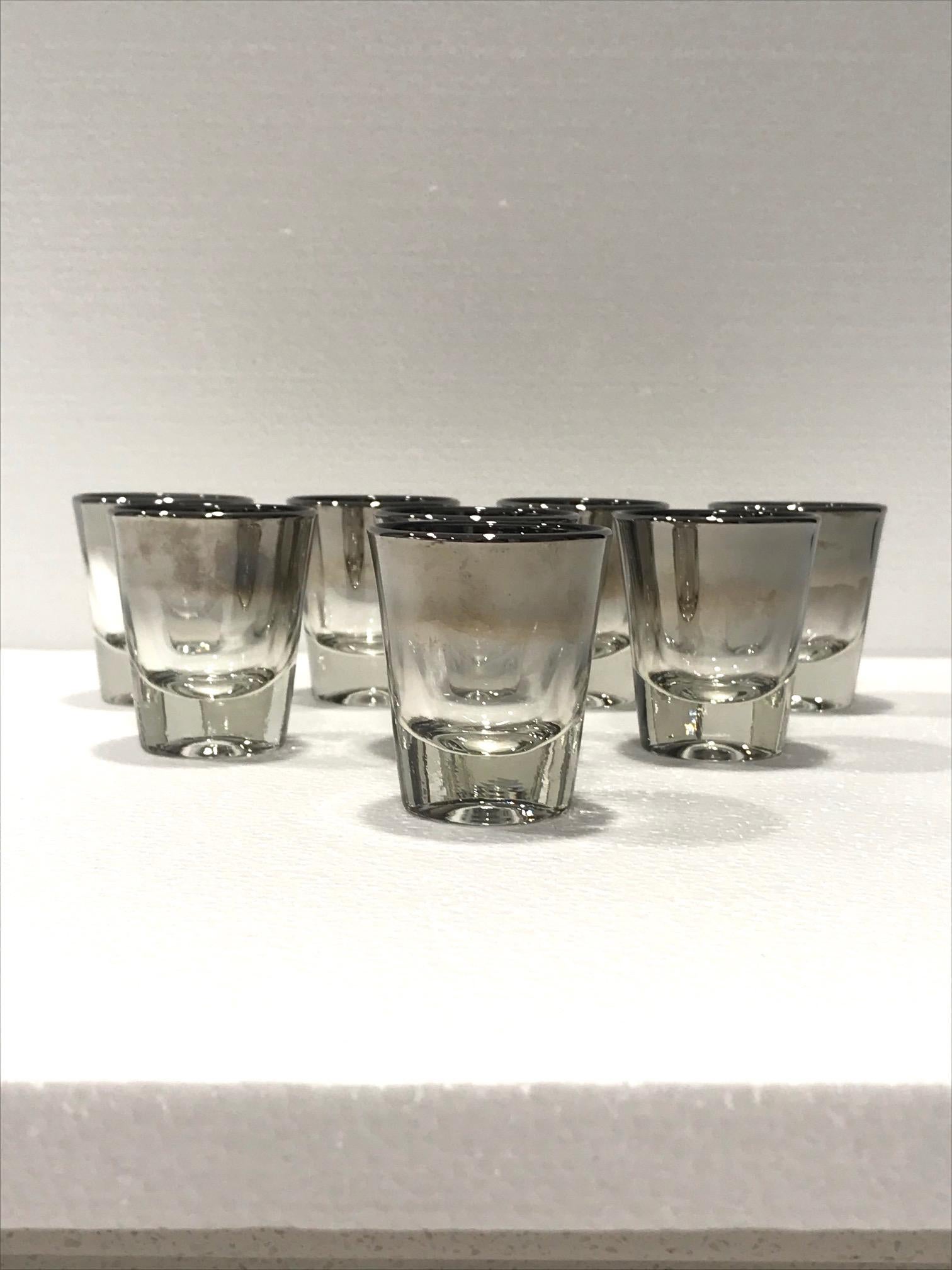 American Set of Eight Dorothy Thorpe Barware Shot Glasses with Silver Overlay circa 1960s