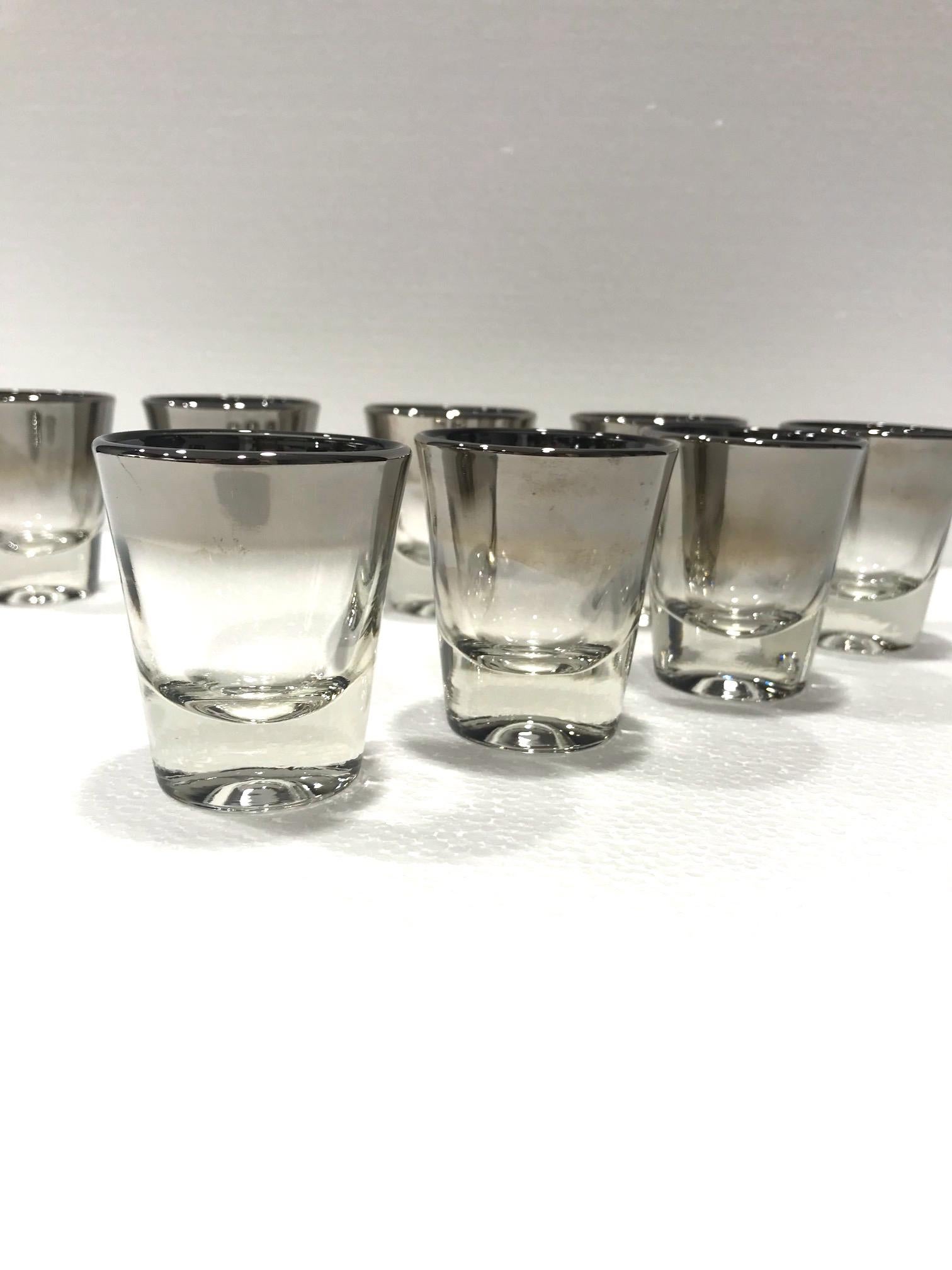 Mid-20th Century Set of Eight Dorothy Thorpe Barware Shot Glasses with Silver Overlay circa 1960s