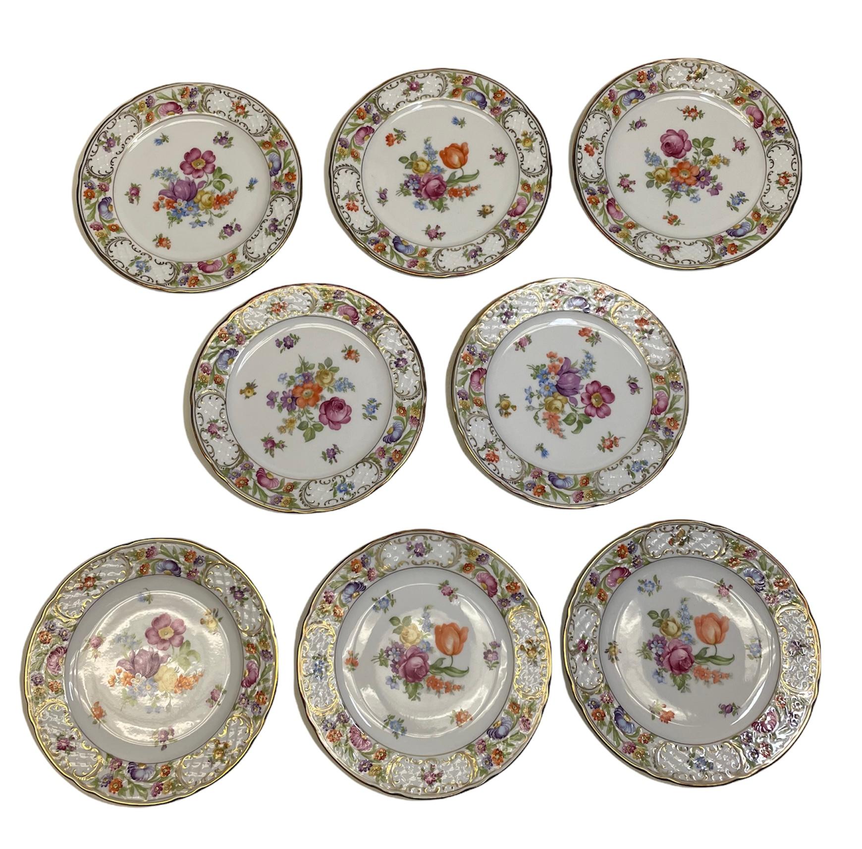 20th Century Set of Eight Dresden Flowers Empress Schumann Bavaria Salad Plates For Sale