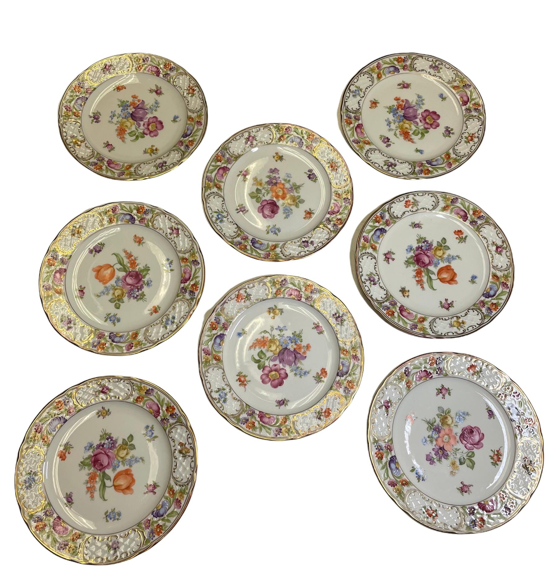 Set of Eight Dresden Flowers Empress Schumann Bavaria Salad Plates For Sale 1