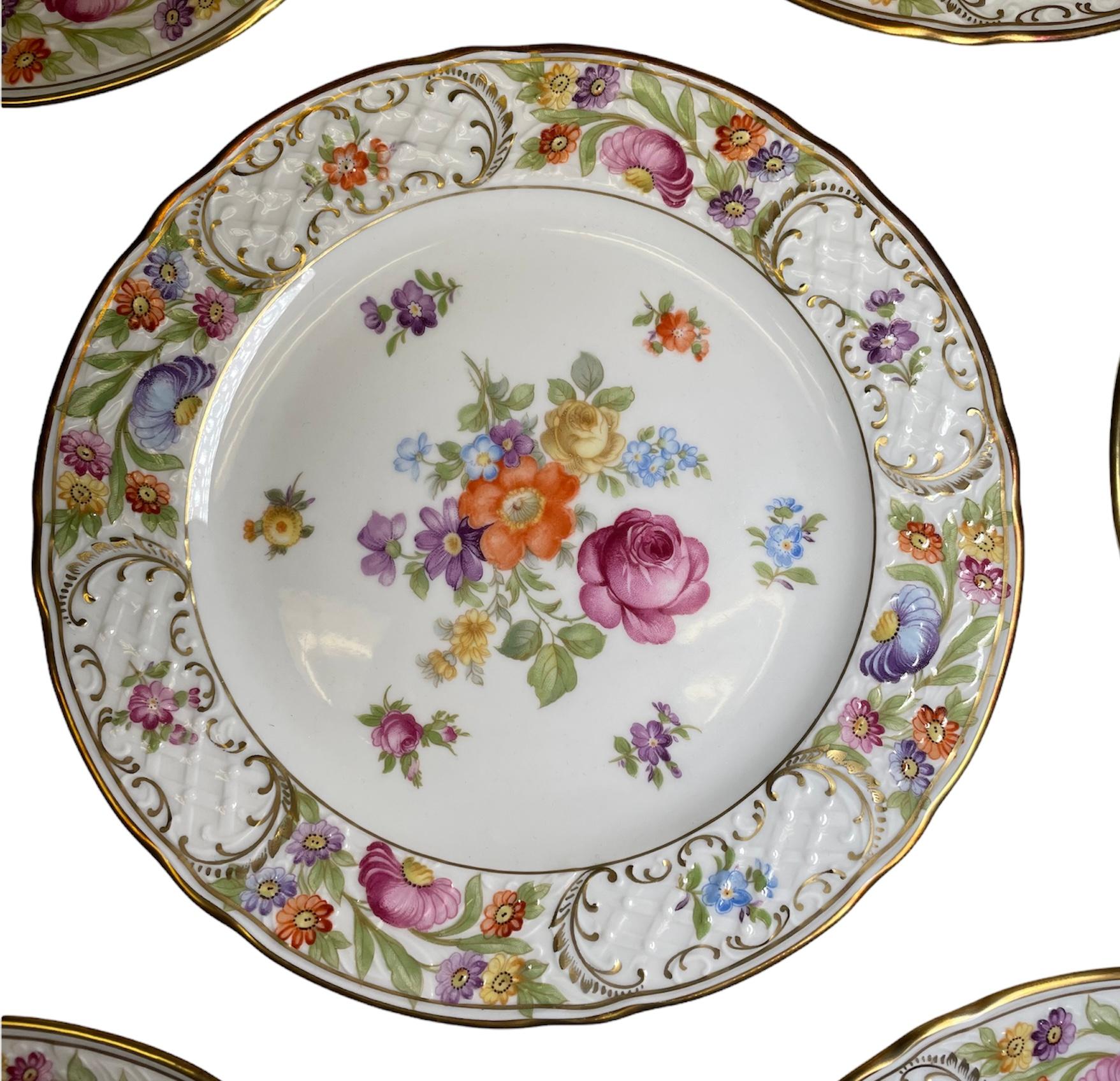 Belle Époque Set of Eight Dresden Flowers Empress Schumann Bavaria Salad Plates For Sale