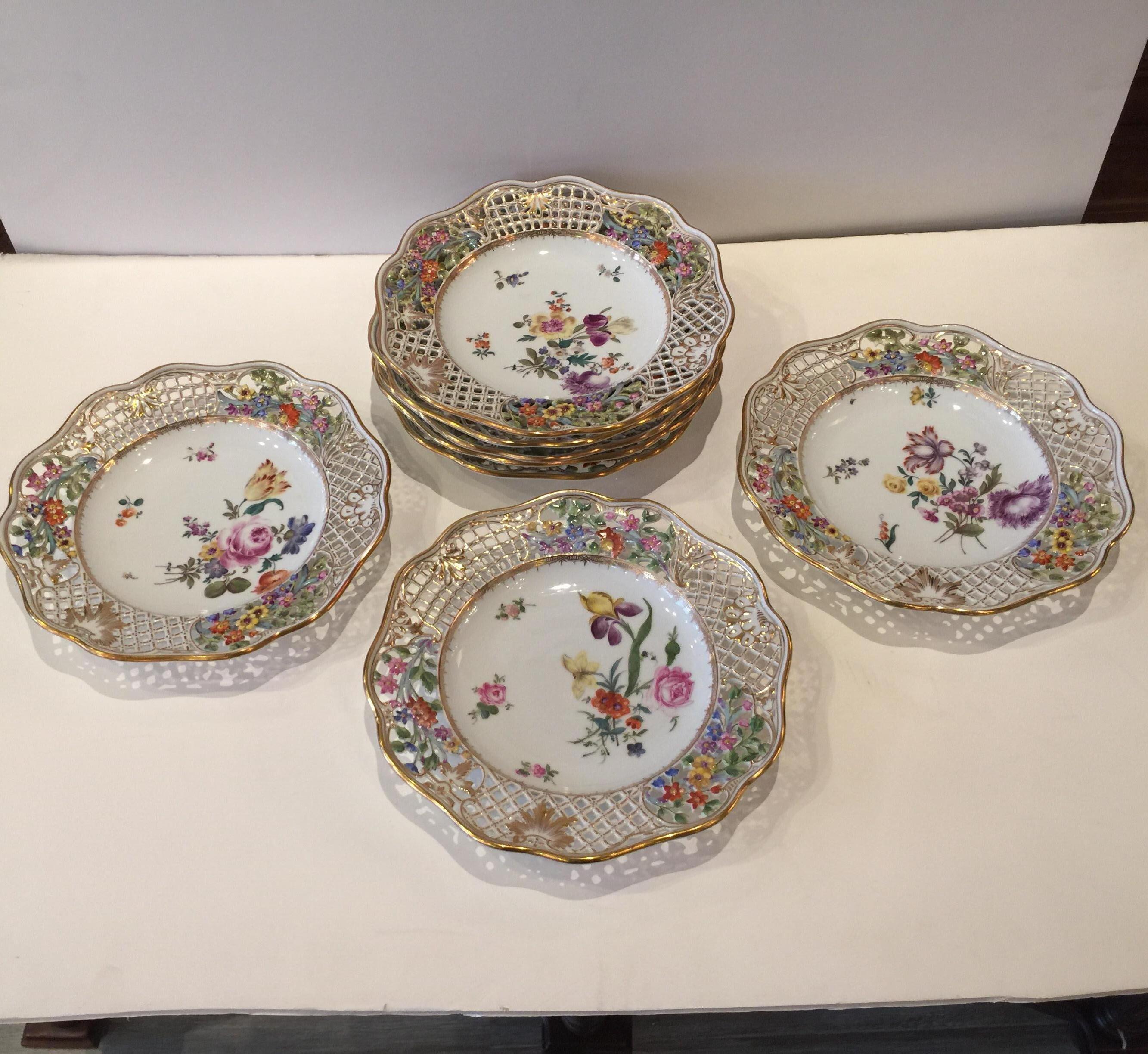 Set of Eight Dresden Limbach German Reticulated Hand Painted Floral Plates 6