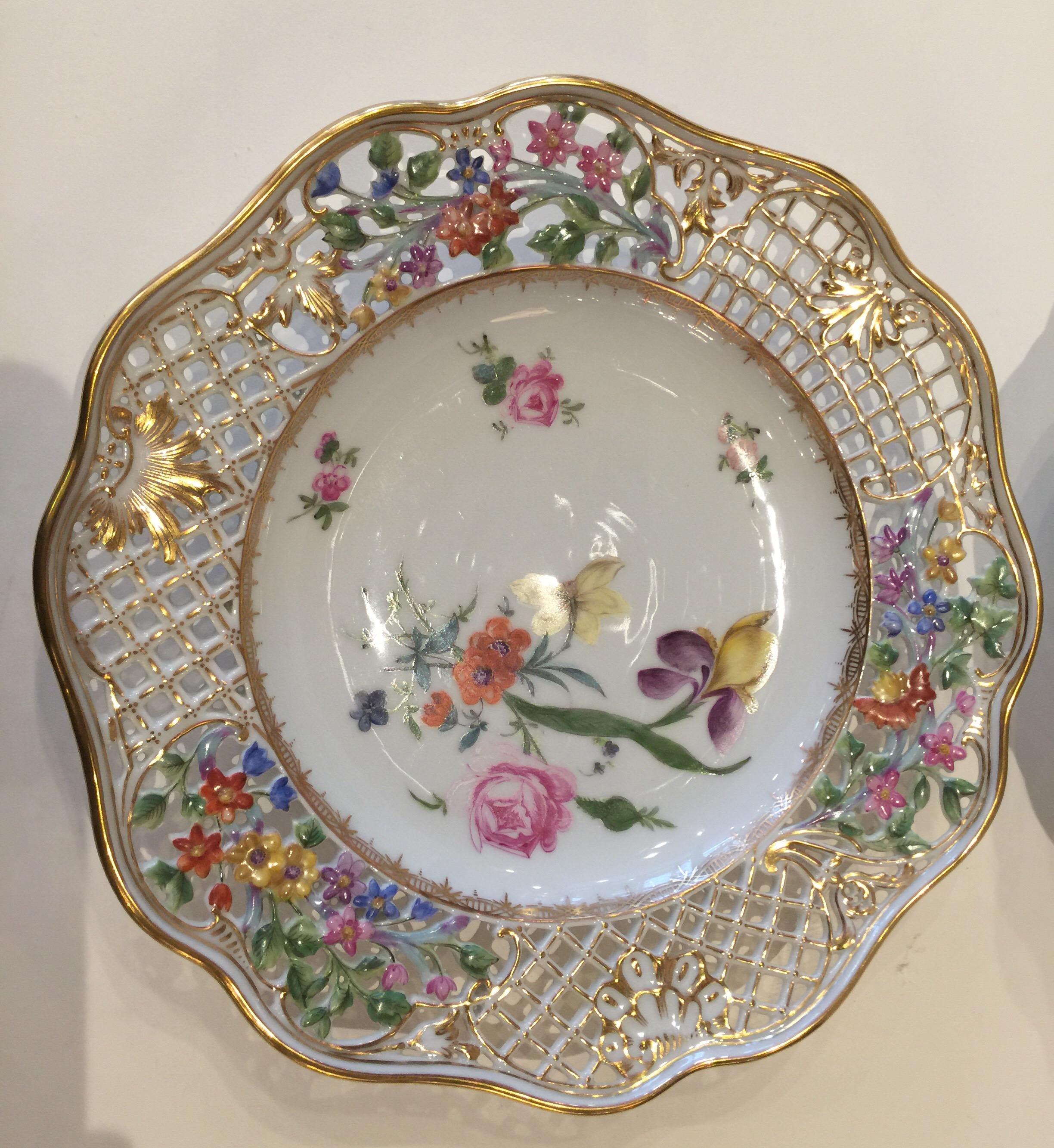 Early 20th Century Set of Eight Dresden Limbach German Reticulated Hand Painted Floral Plates