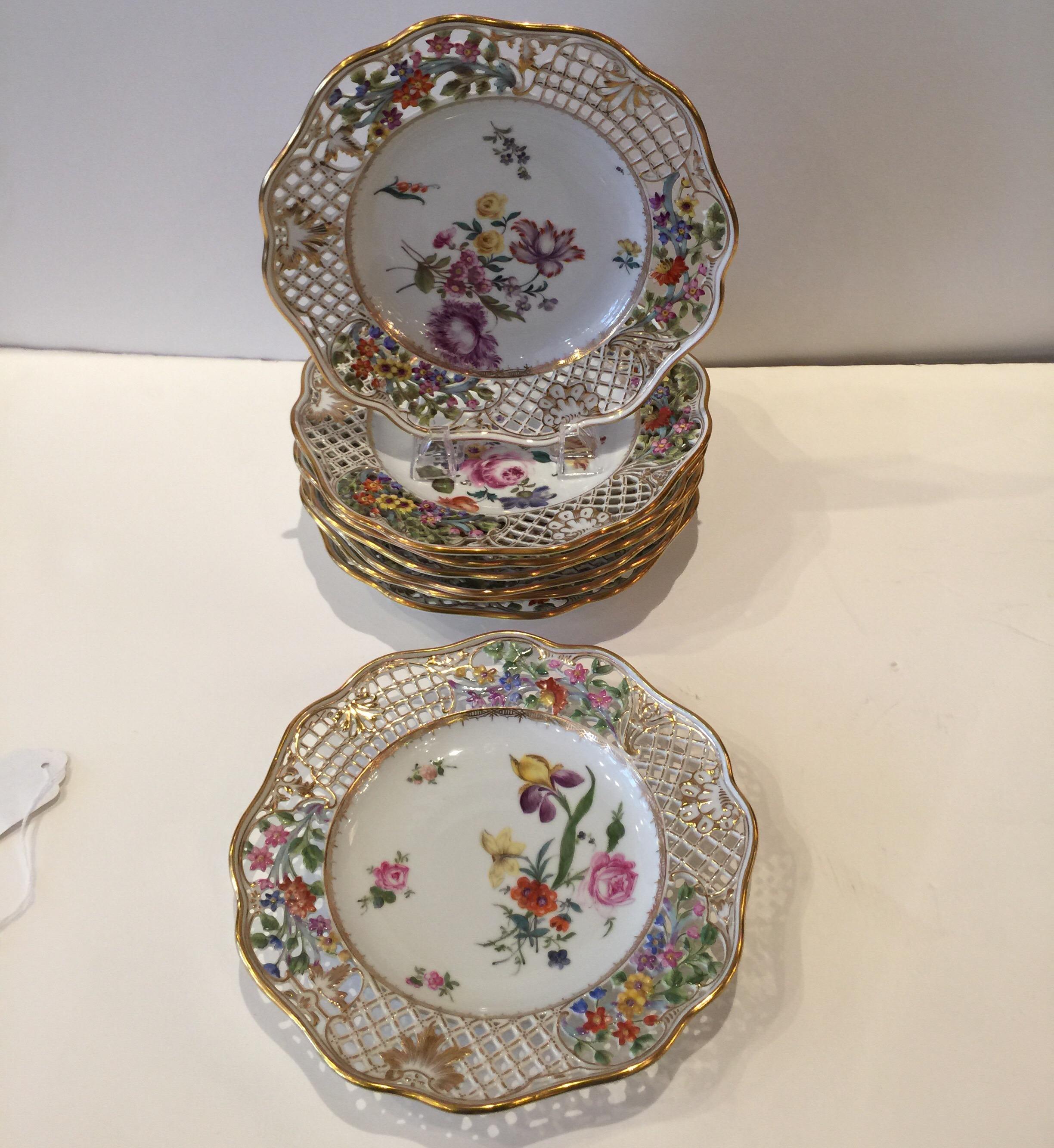Set of Eight Dresden Limbach German Reticulated Hand Painted Floral Plates 1