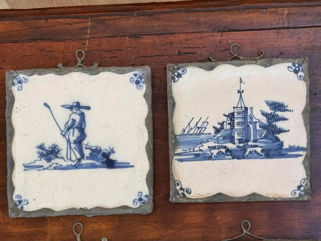 Set of Eight Dutch delft tiles, 18th century, Mounted for Hanging In Good Condition For Sale In Charlottesville, VA